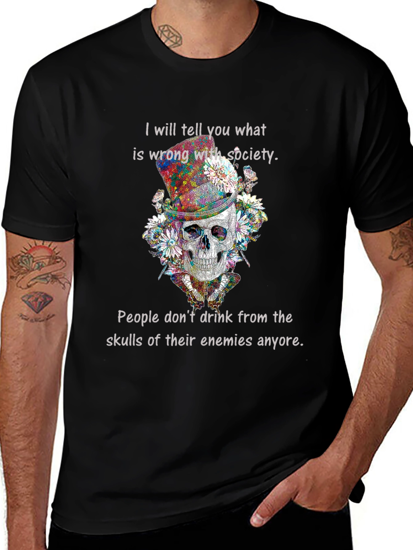 Variant 17 of Skull & Flowers Graphic Tee - "What's Wrong with Society"