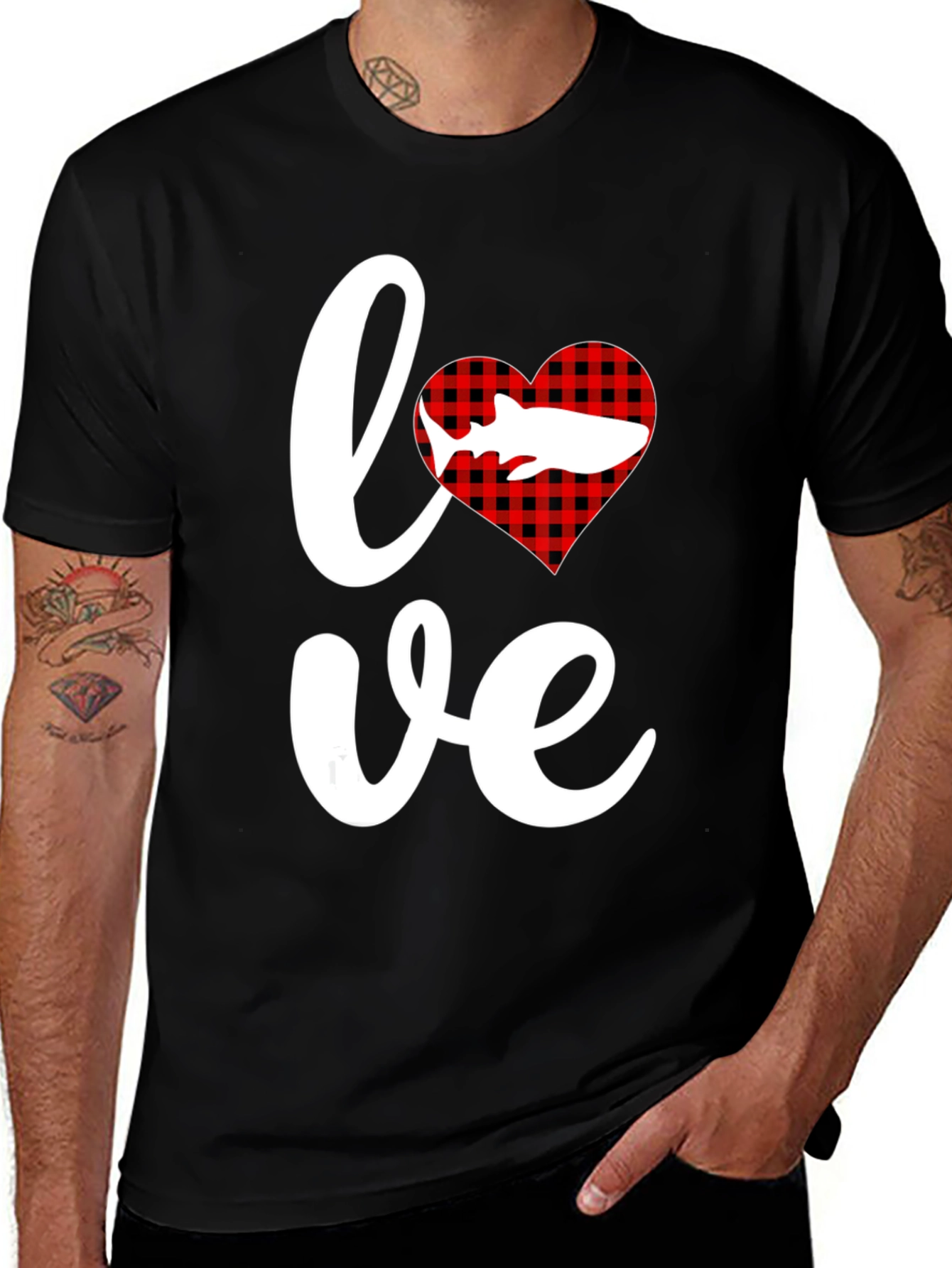 Variant 30 of Love Shark T-Shirt - Red Buffalo Plaid Heart