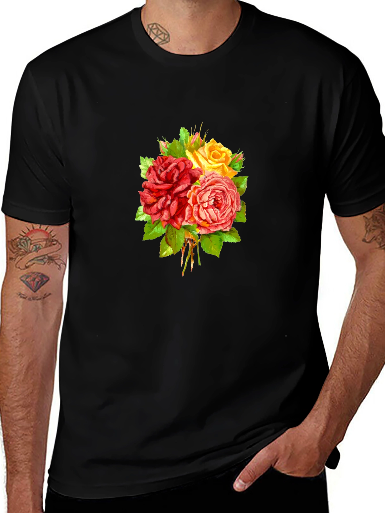 Variant 29 of Floral Roses Graphic Tee - Black Cotton Casual Wear