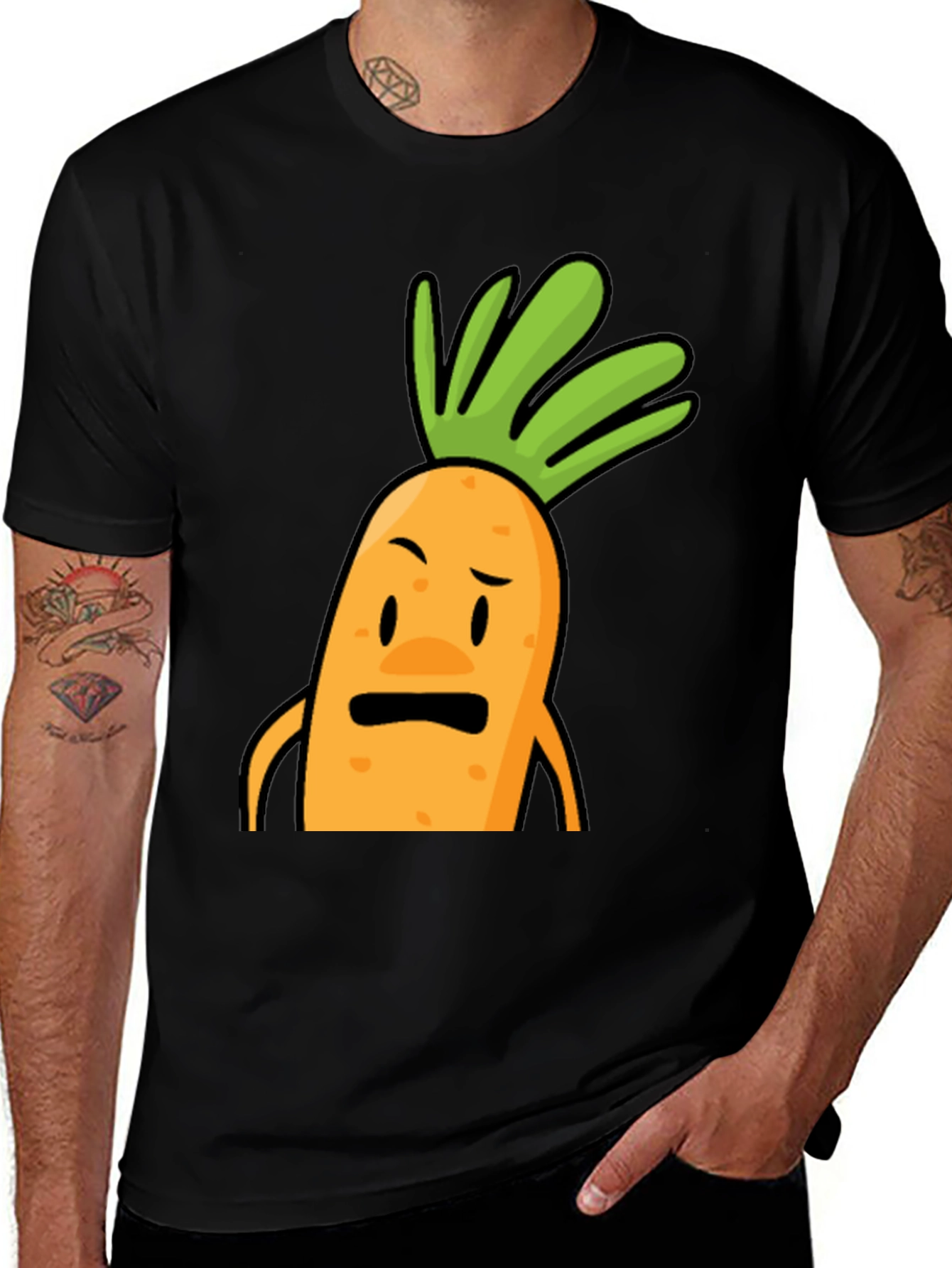 Variant 16 of Cartoon Carrot Graphic Tee - Black Cotton T-Shirt