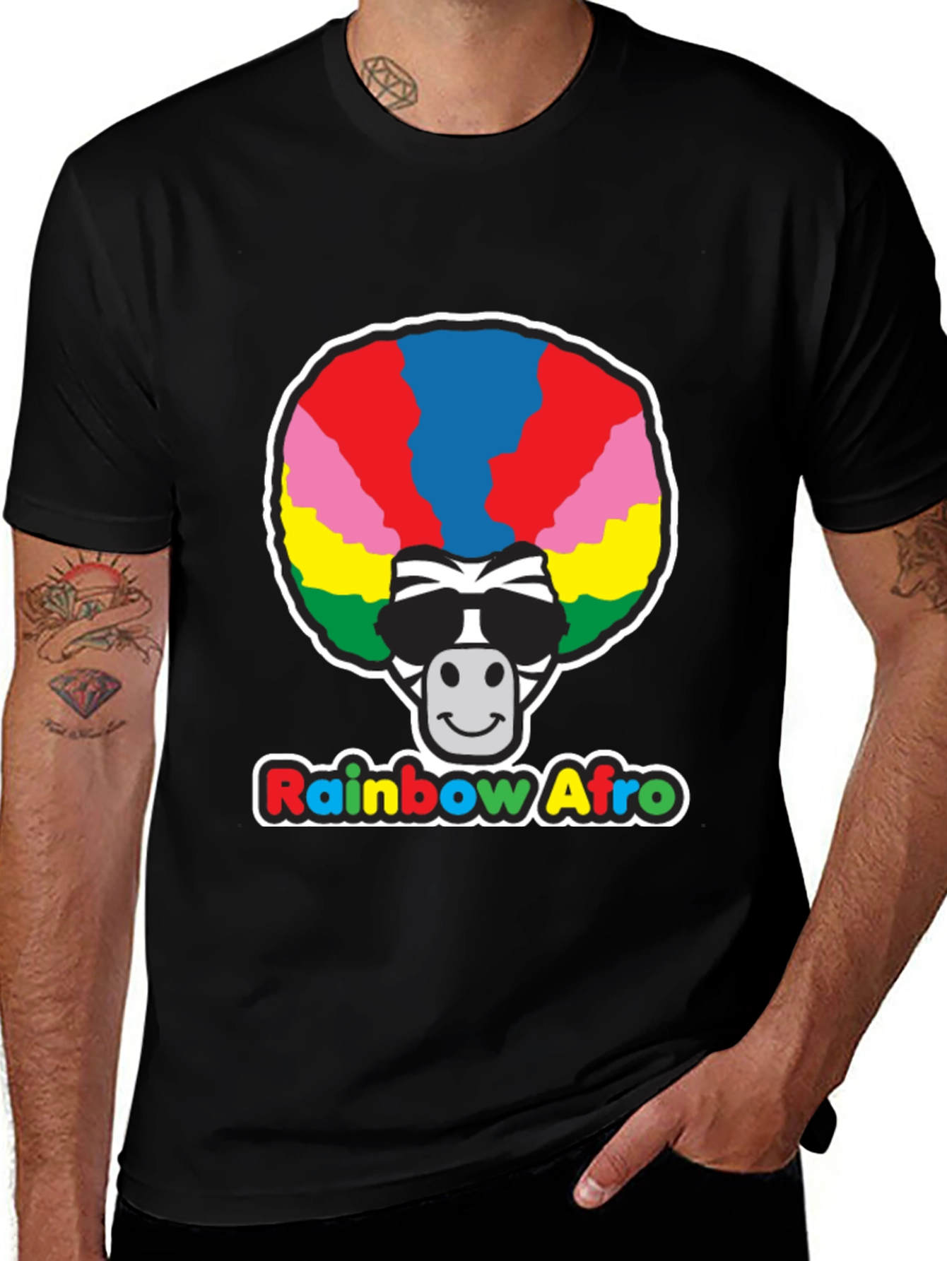 Variant 15 of Rainbow Afro Zebra Graphic Tee - Black Cotton T-Shirt