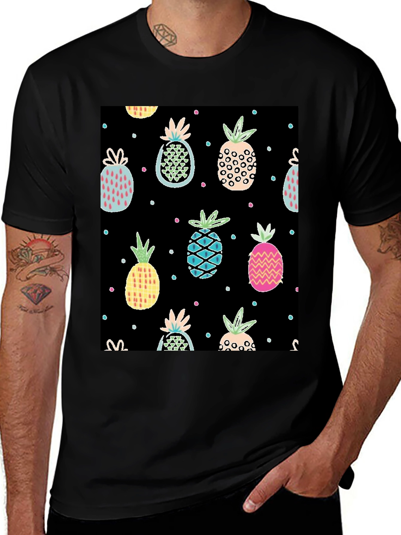 Tropical Pineapple Print Black T-Shirt