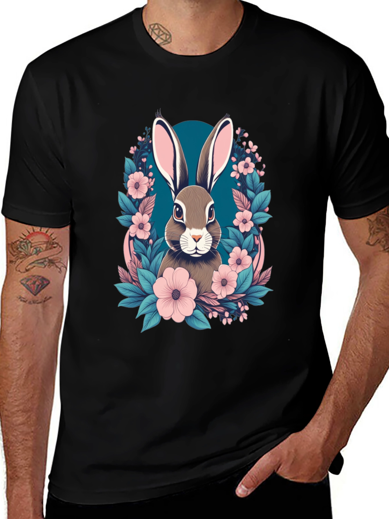 Black Floral Bunny Graphic Tee - Easter Style main image