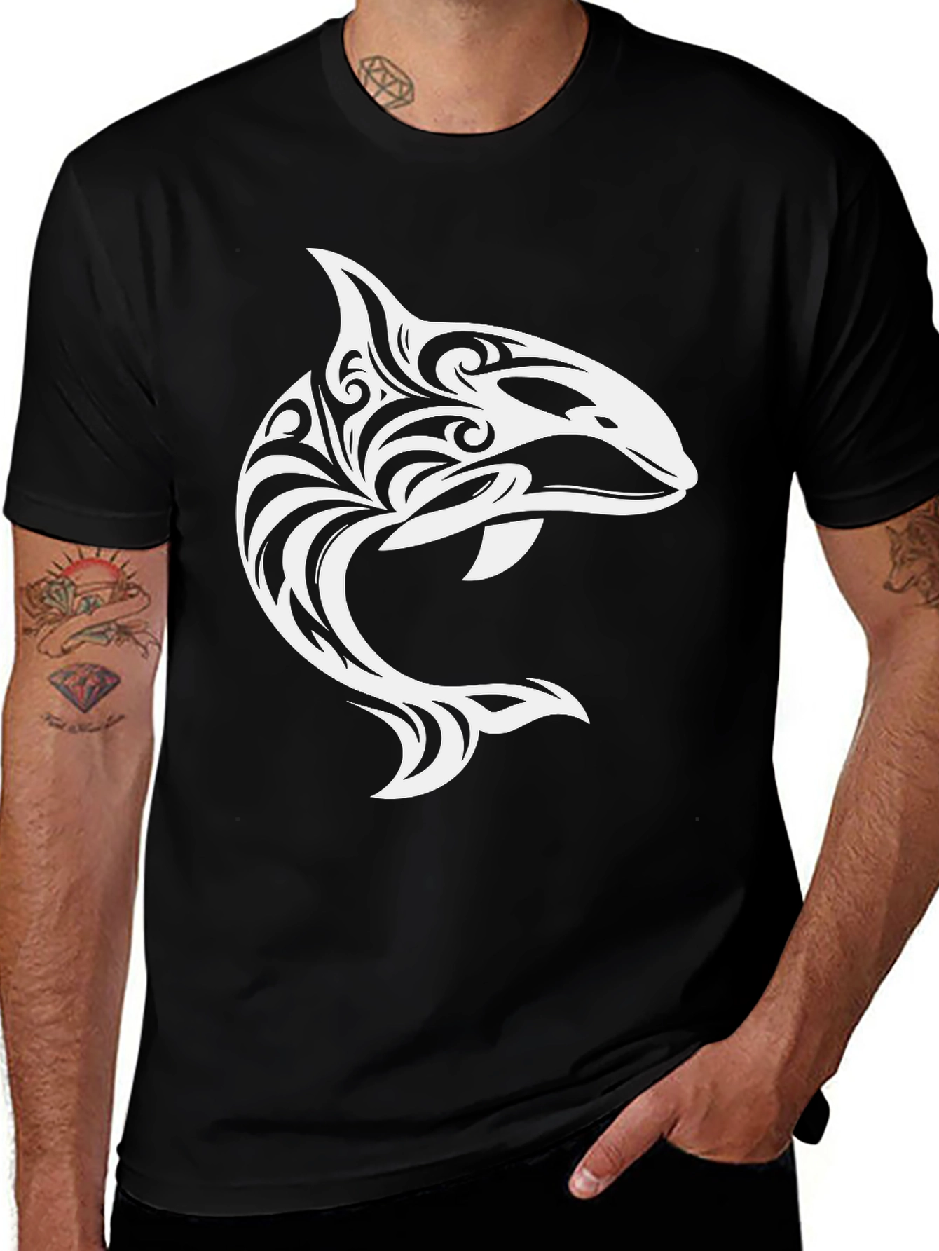 Tribal Orca Graphic T-Shirt - Black Cotton Blend
