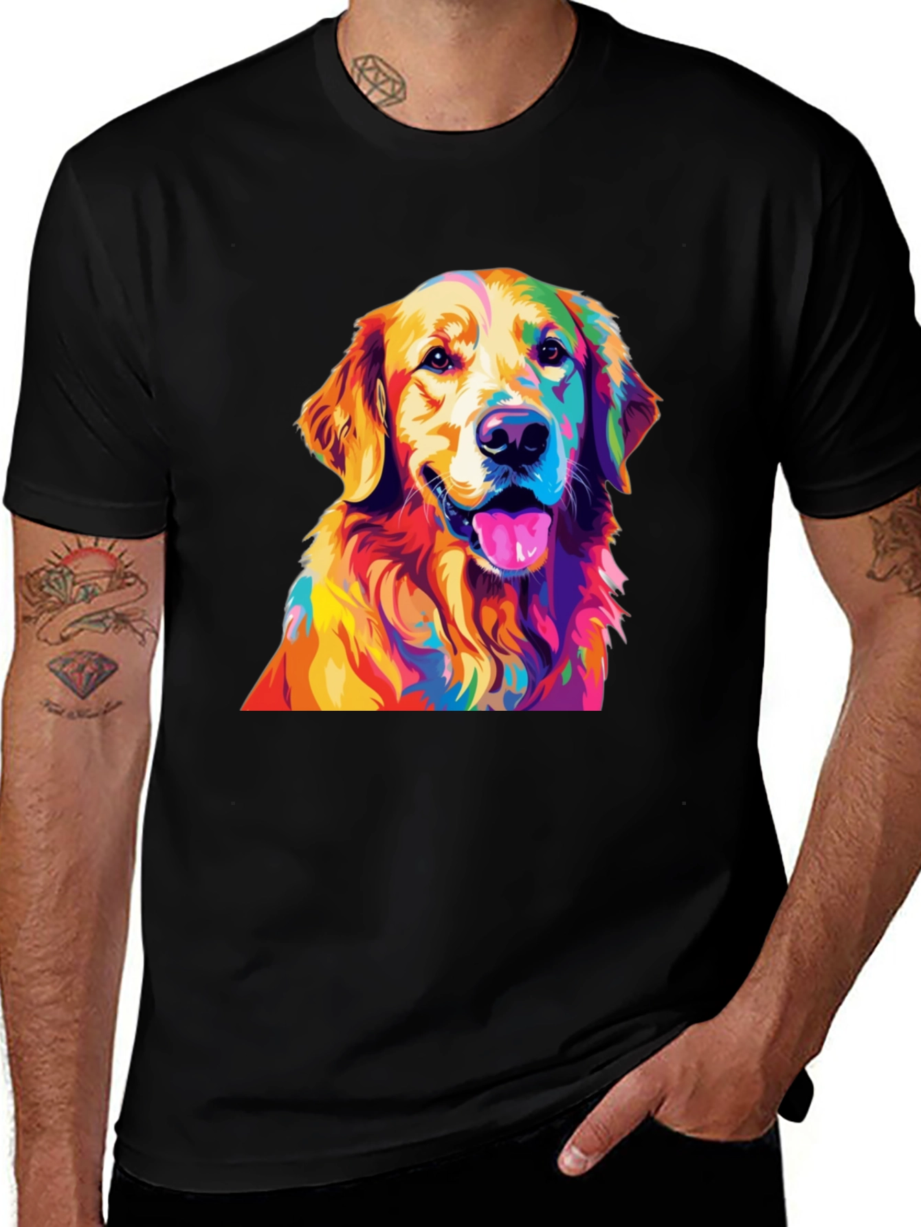 Variant 5 of Golden Retriever Colorful Dog Graphic Black T-Shirt
