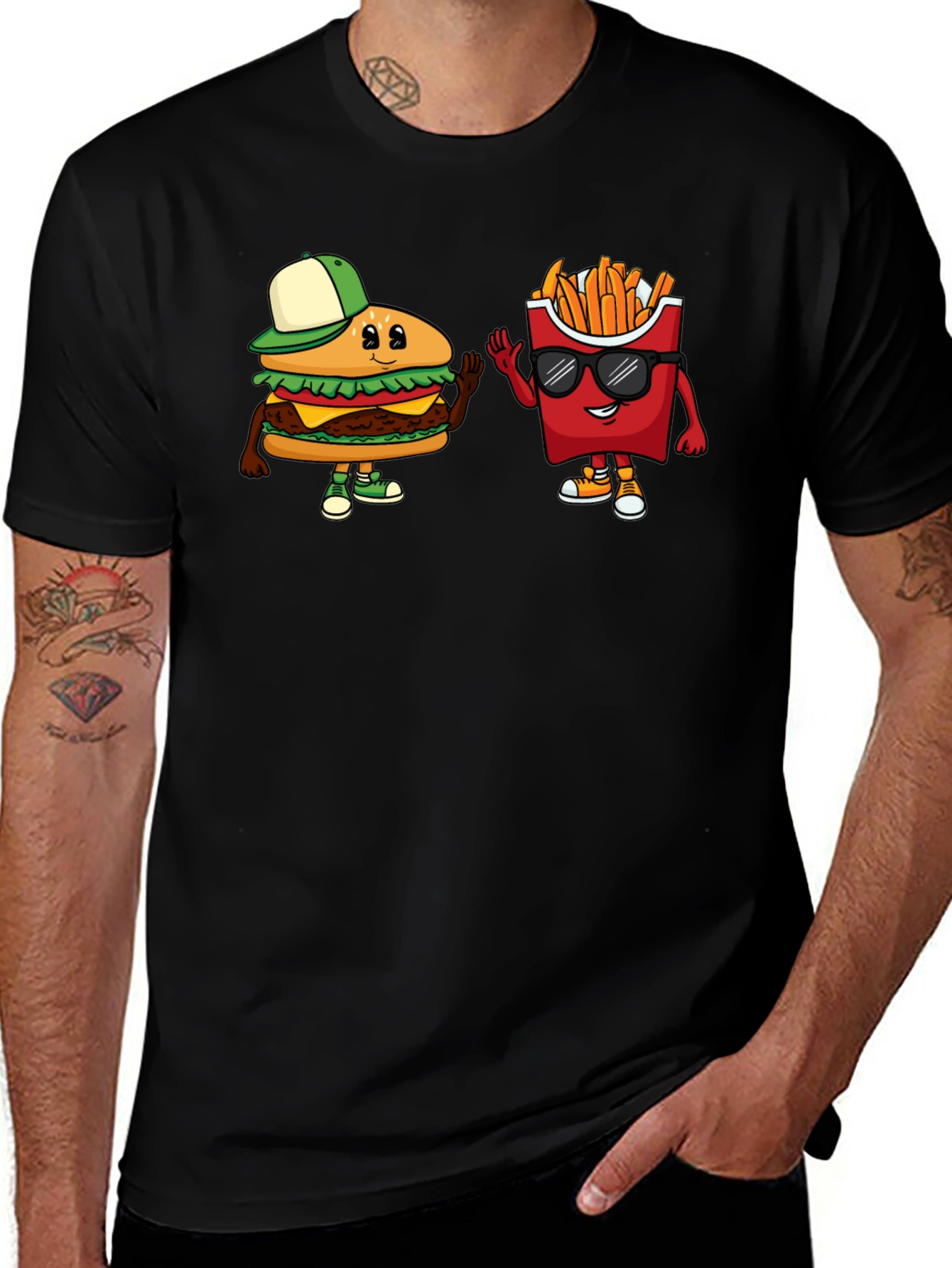 Burger & Fries Cartoon Graphic Black T-Shirt