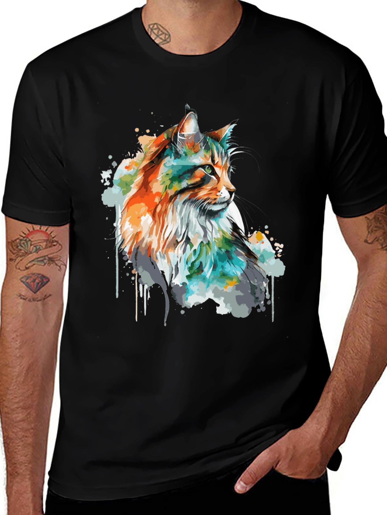 Variant 16 of Watercolor Cat Graphic Black T-Shirt