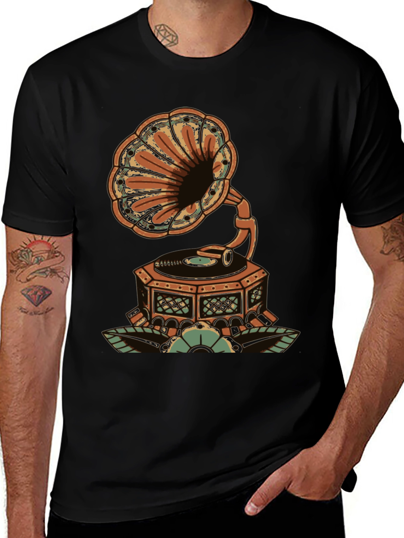 Vintage Gramophone Graphic T-Shirt - Retro Music Style