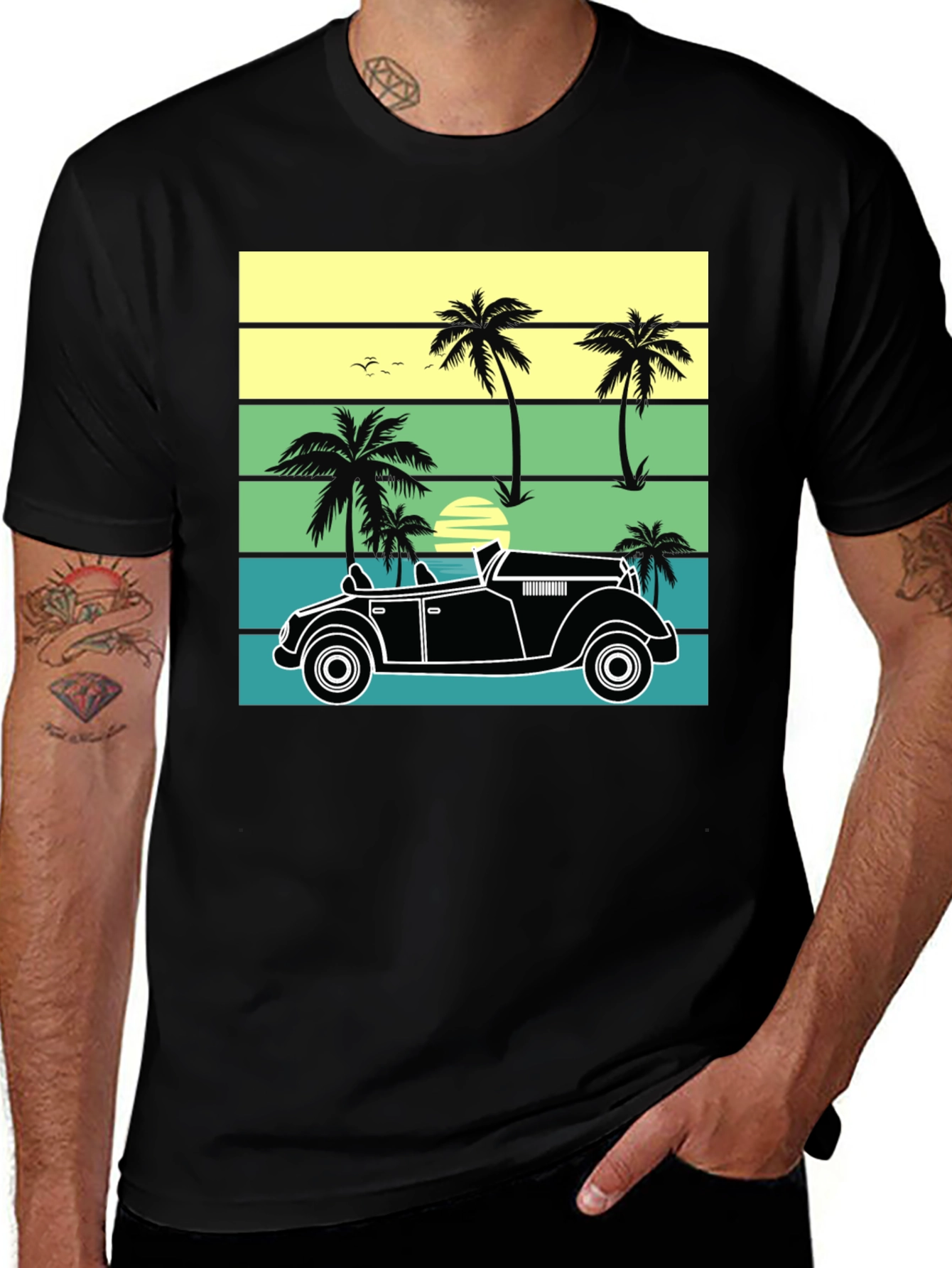 Variant 16 of Retro Sunset Car Graphic T-Shirt - Vintage Style
