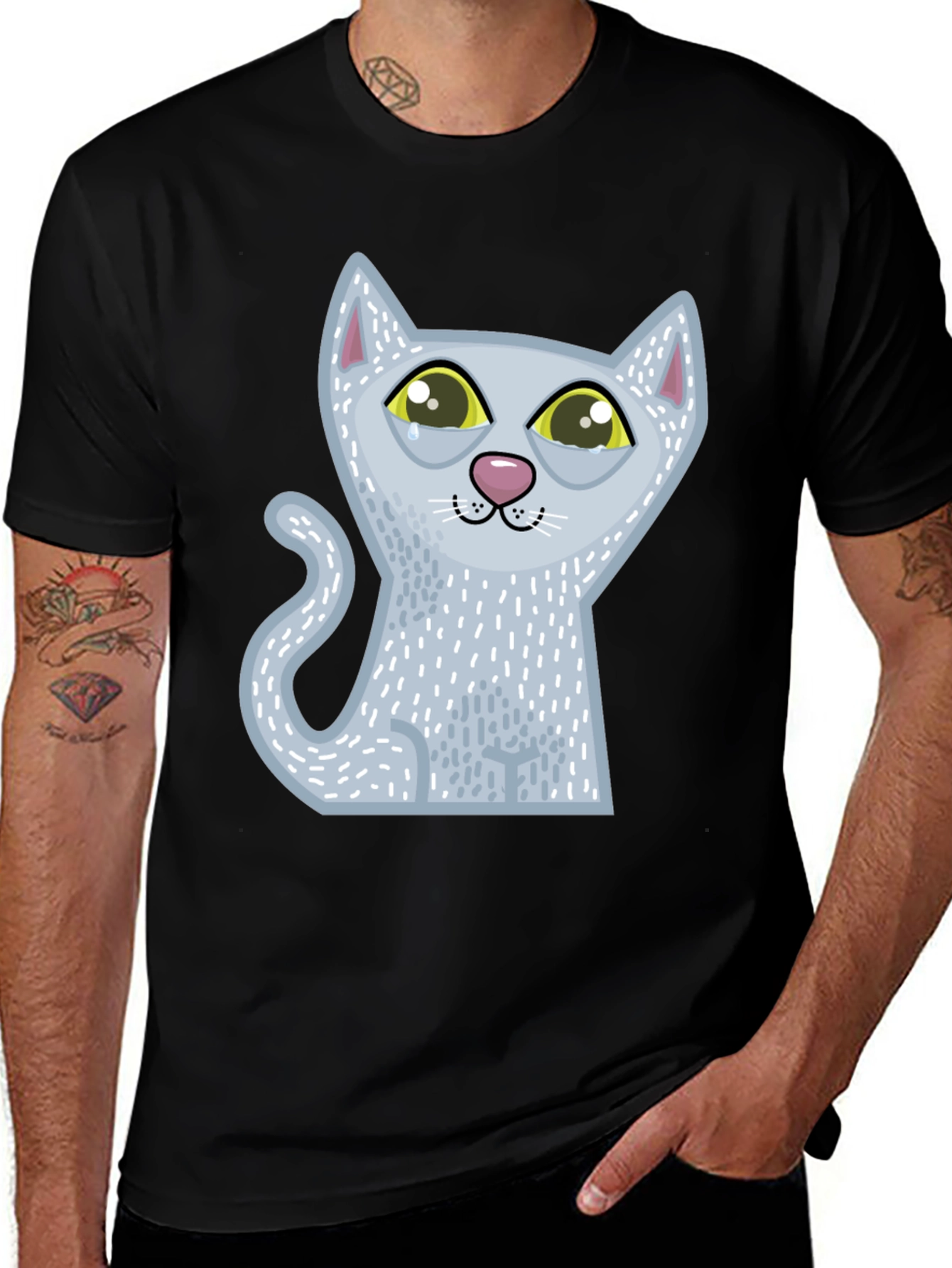 Variant 25 of Sad Cartoon Cat Graphic Tee - Unisex Black T-Shirt