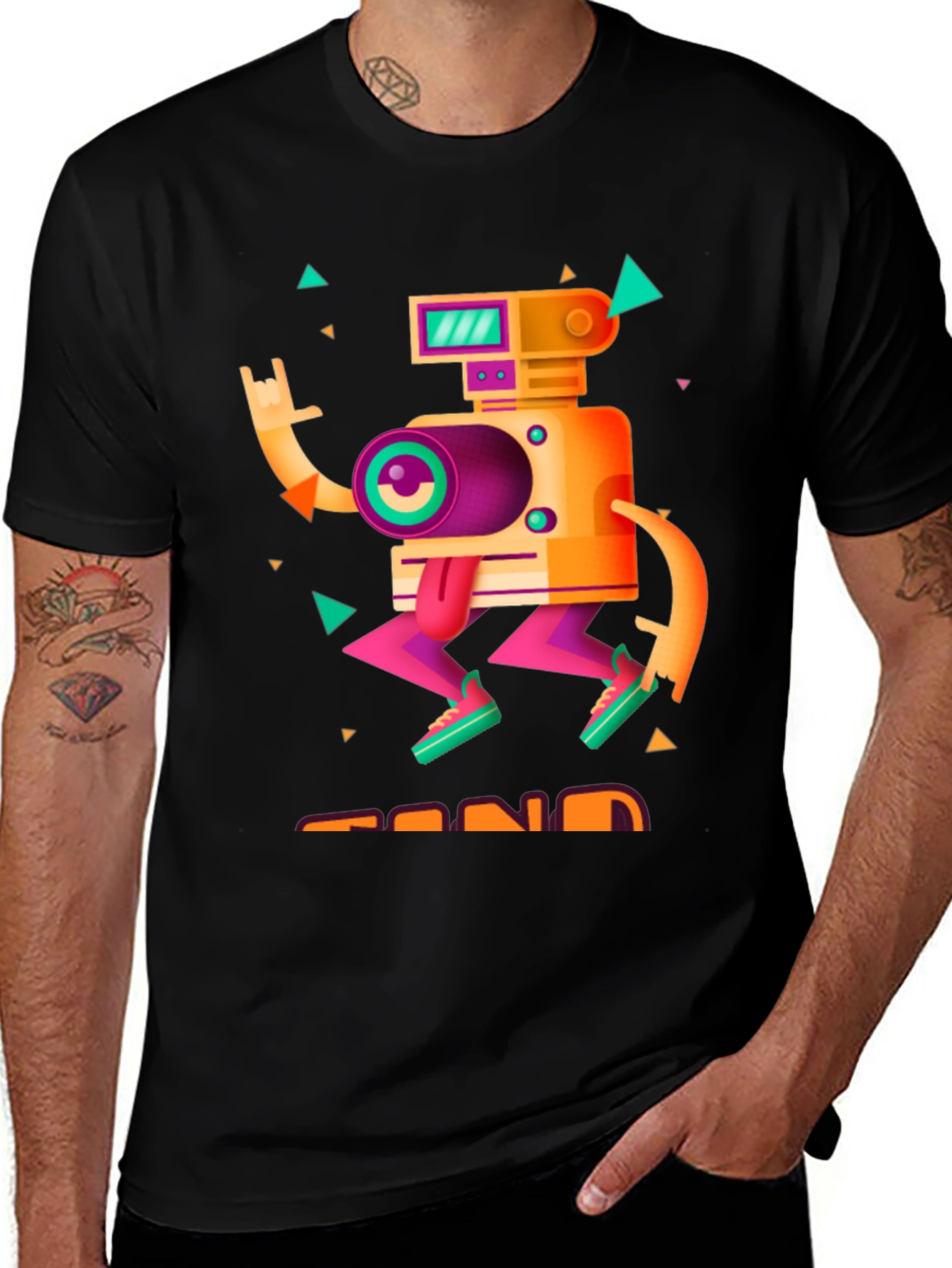 Black Retro Robot Graphic Tee - Black Cotton T-Shirt main image