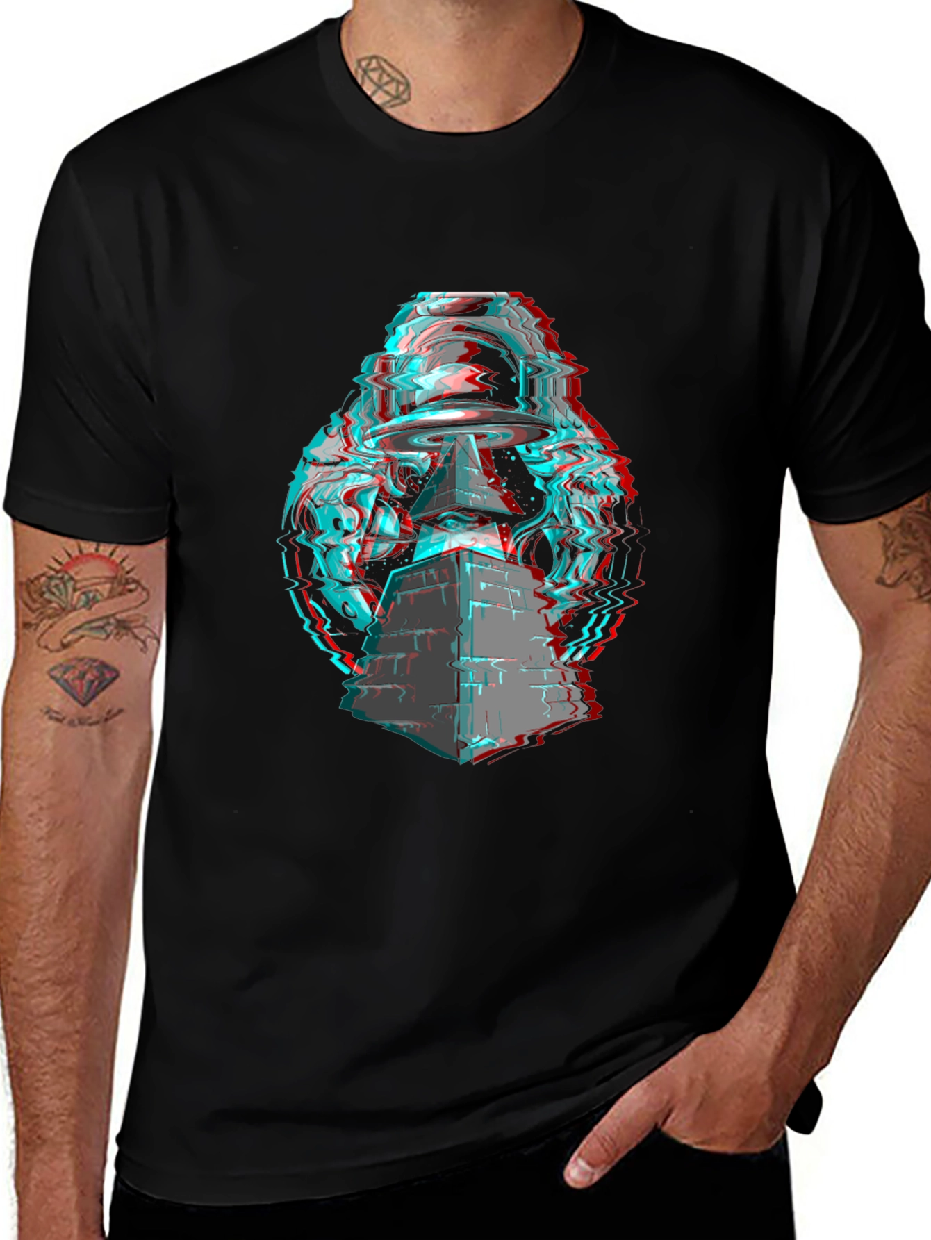 Glitch Art UFO Graphic Tee - Black Cotton Blend