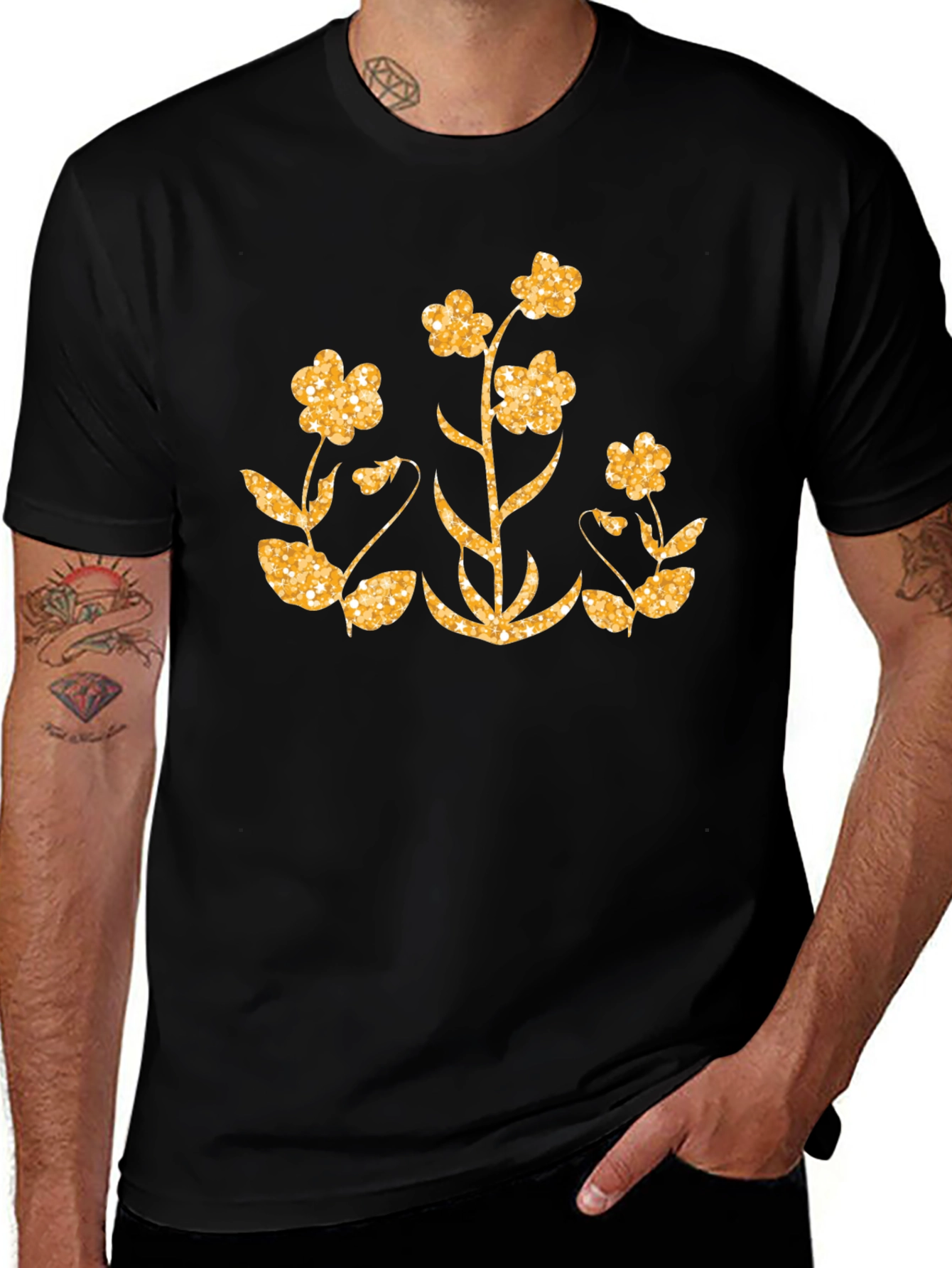 Floral Glitter Graphic Black T-Shirt