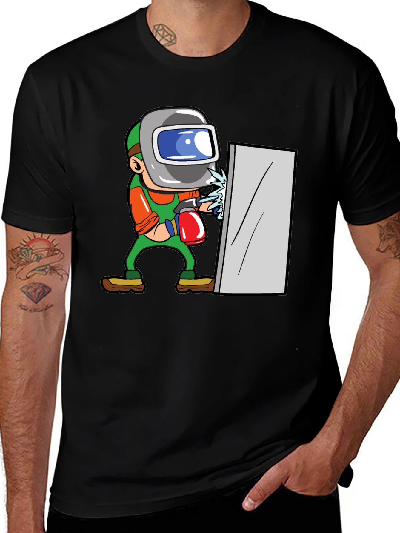 Variant 11 of Welder Cartoon Graphic Print Black T-Shirt