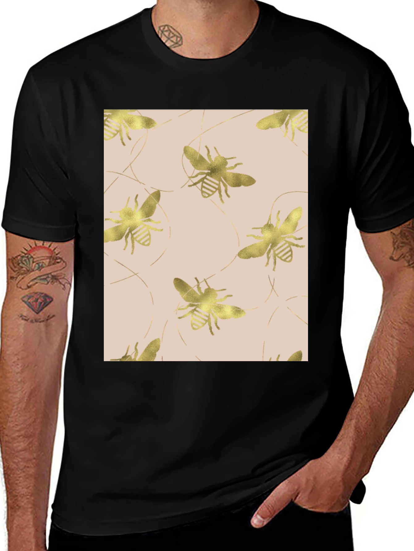 Variant 7 of Gold Bee Pattern Black T-Shirt