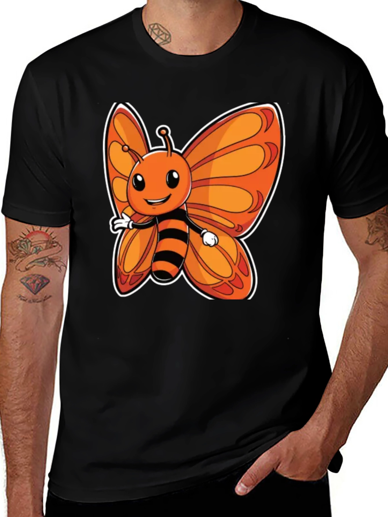 Variant 16 of Cartoon Butterfly Graphic T-Shirt - Fun Black Tee