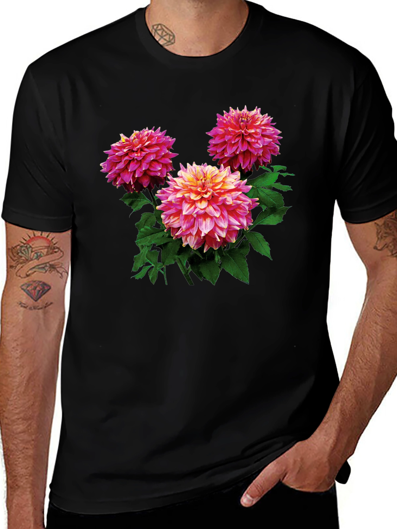 Variant 26 of Floral Dahlia Print Black T-Shirt