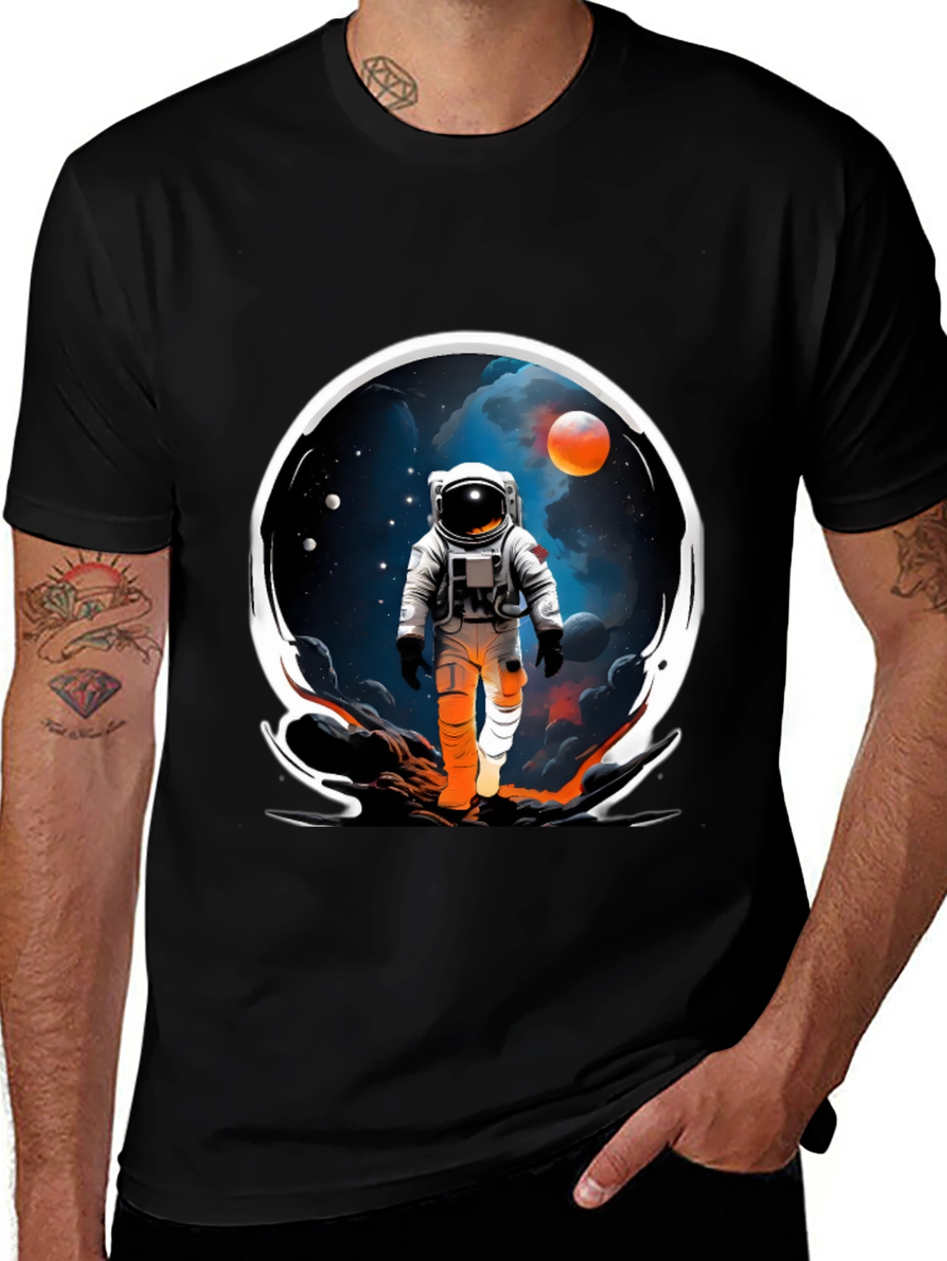 Astronaut in Space Graphic Tee - Black Cotton Blend