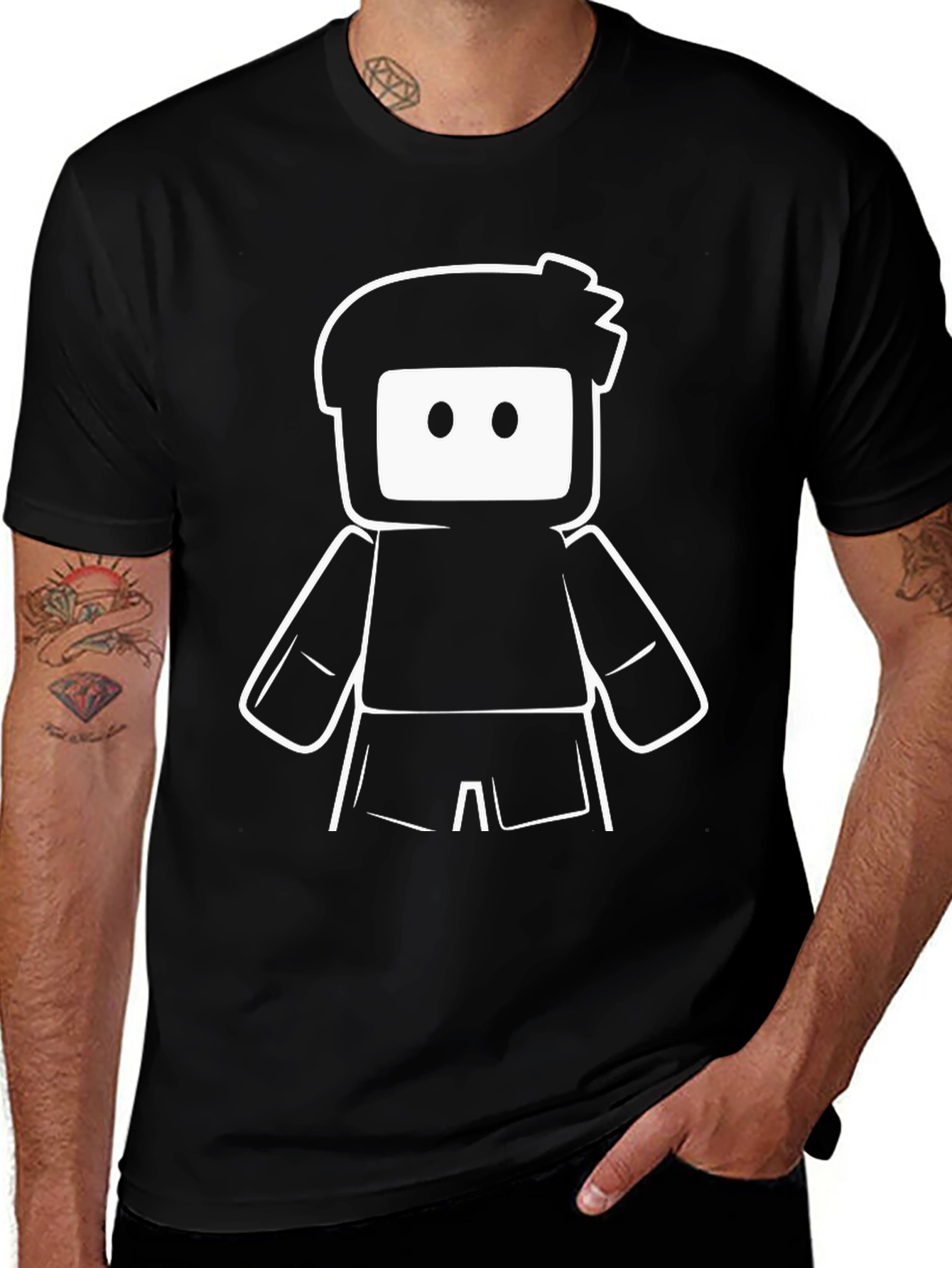 Variant 28 of Black T-Shirt with White Cartoon Robot Graphic