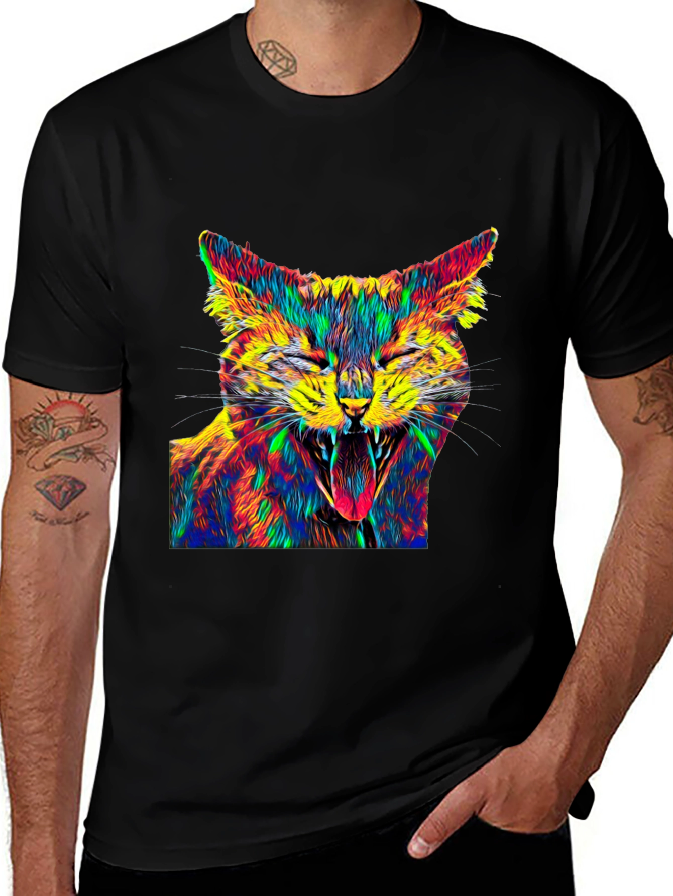 Variant 30 of Psychedelic Cat Graphic Tee - Black Cotton T-Shirt
