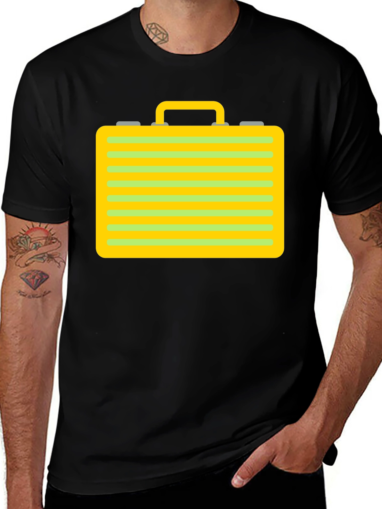 Variant 4 of Striped Briefcase Graphic Tee - Trendy Black T-Shirt