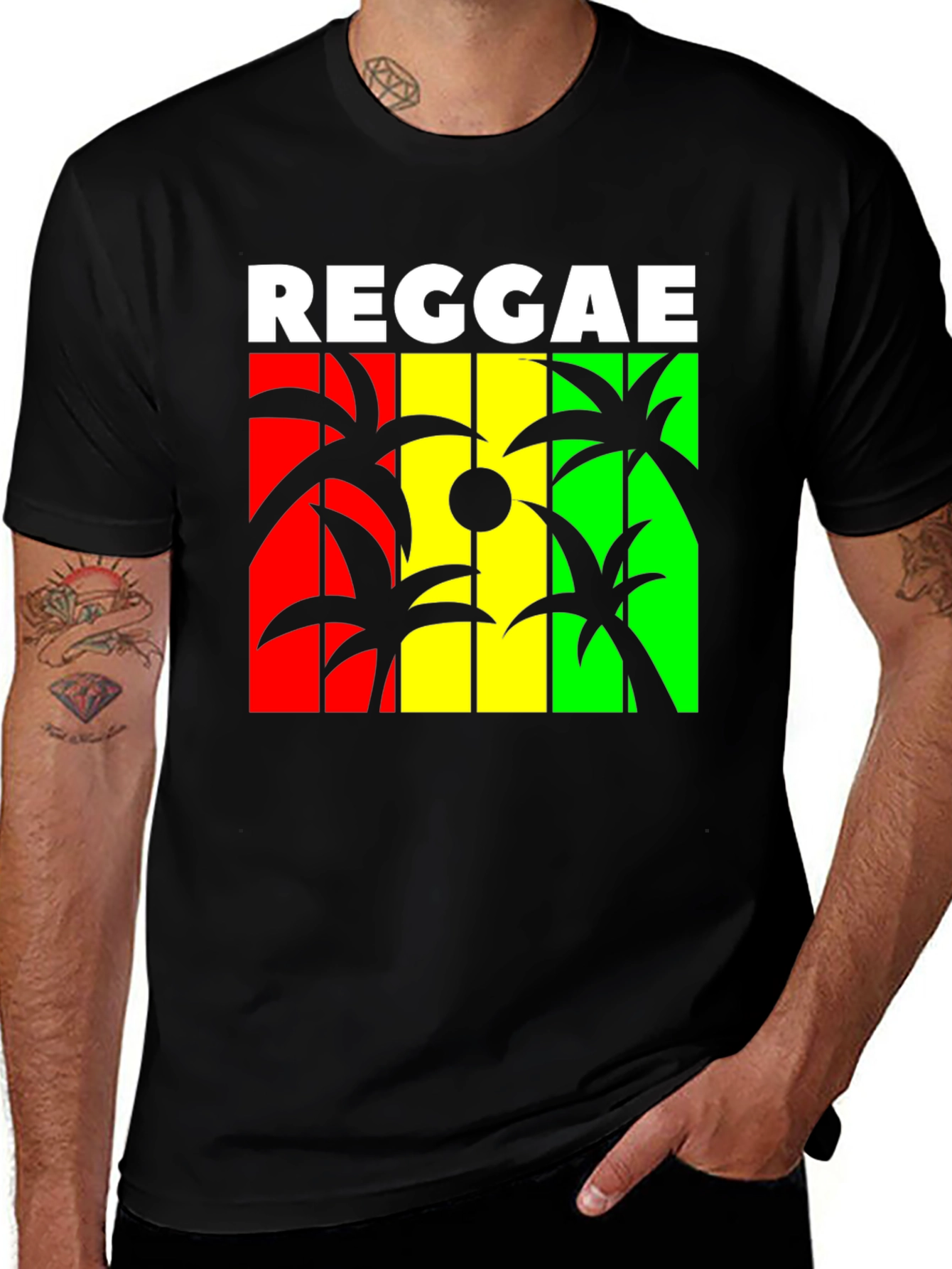Variant 26 of Reggae Palm Tree Graphic T-Shirt - Casual Black Tee