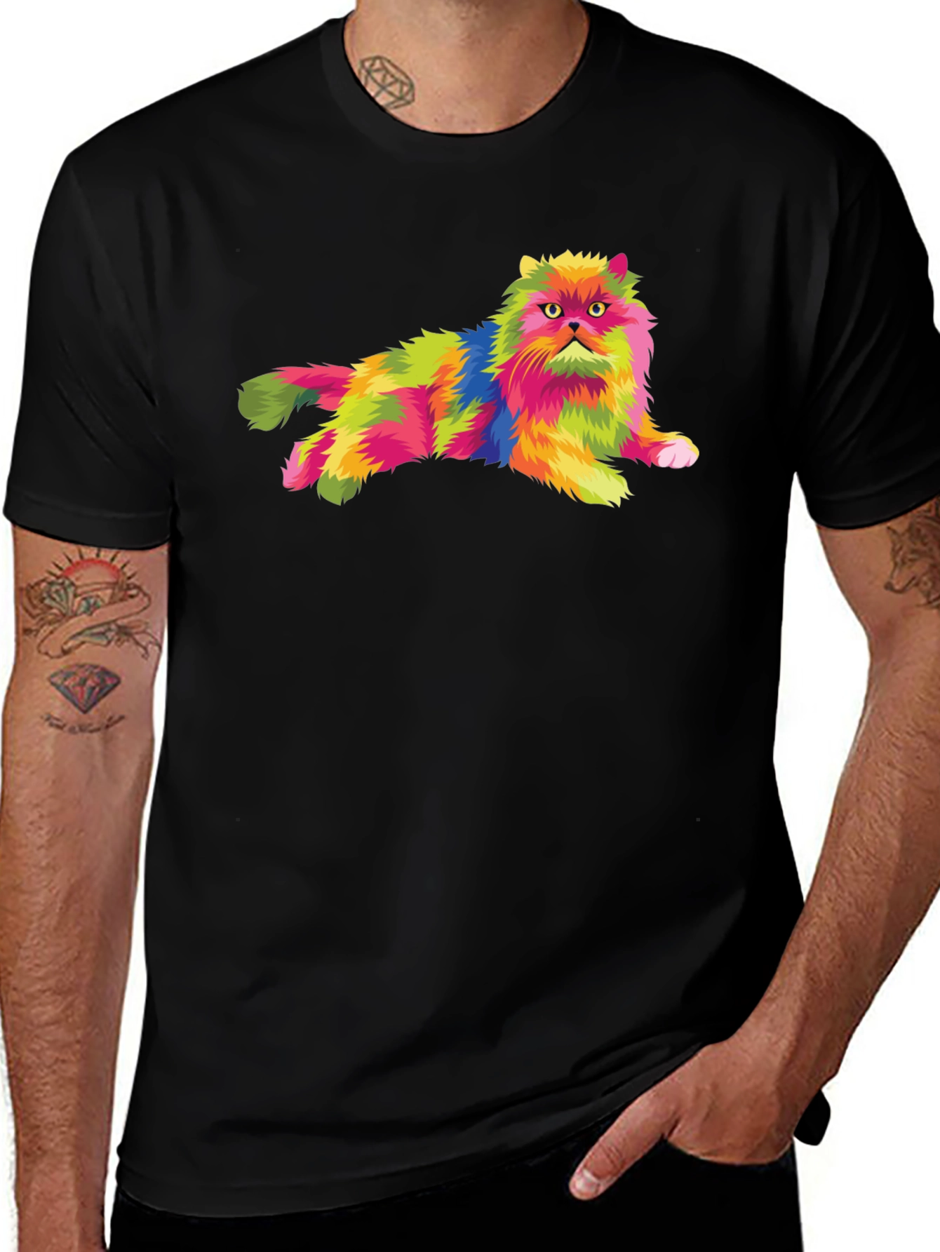 Variant 10 of Colorful Cat Graphic Tee - Stylish Black T-Shirt
