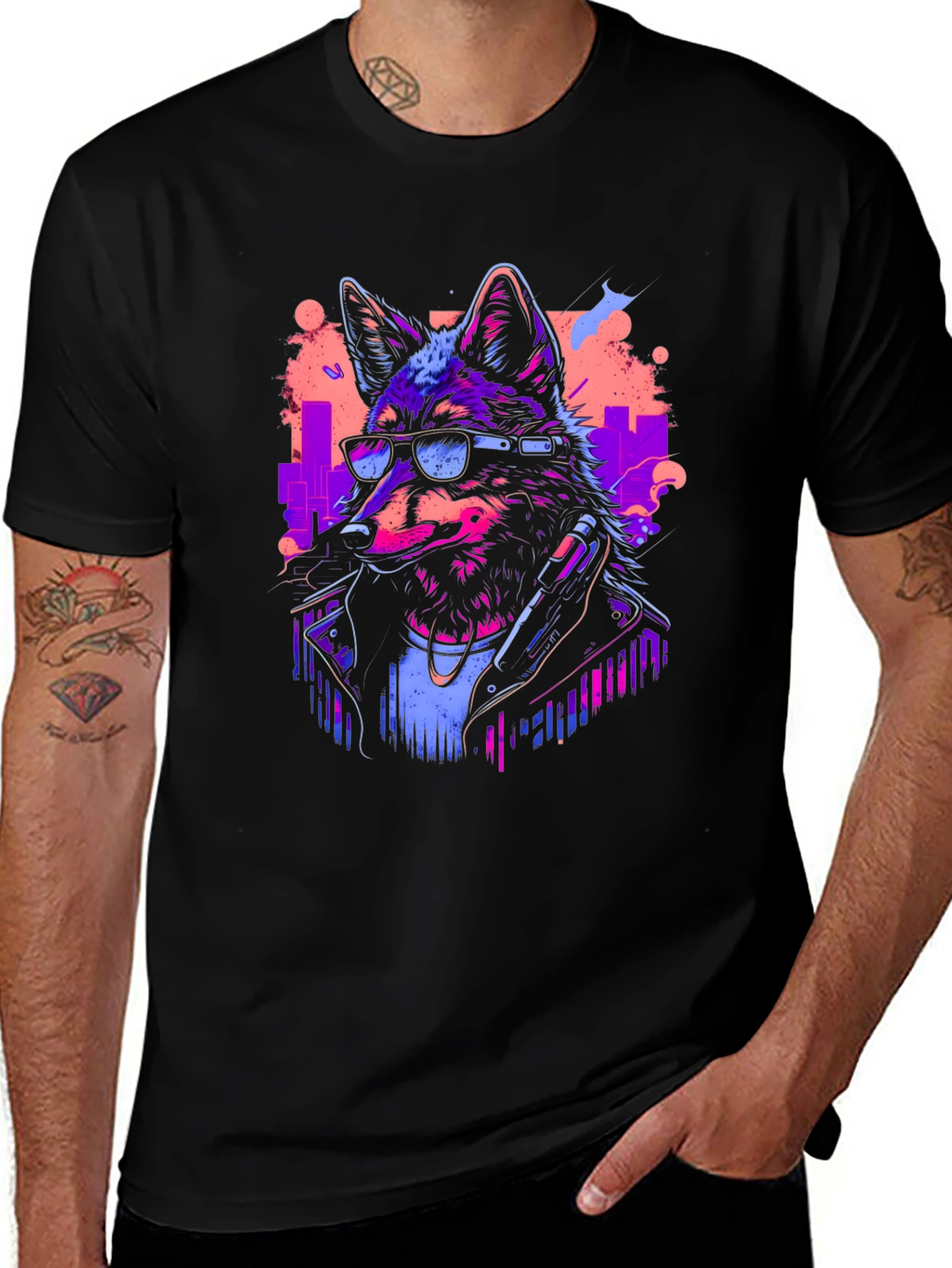 Variant 4 of Neon Cyberpunk Wolf Graphic T-Shirt