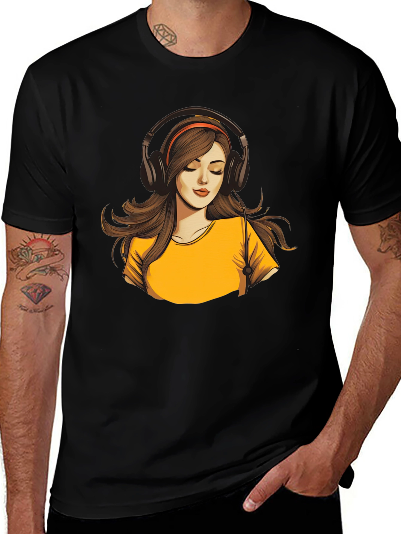 Variant 22 of Stylish Black T-Shirt with Woman Headphones Design