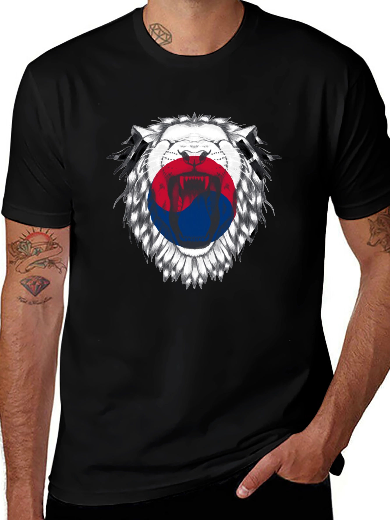 Variant 30 of Lion Korean Flag Graphic Print Black T-Shirt