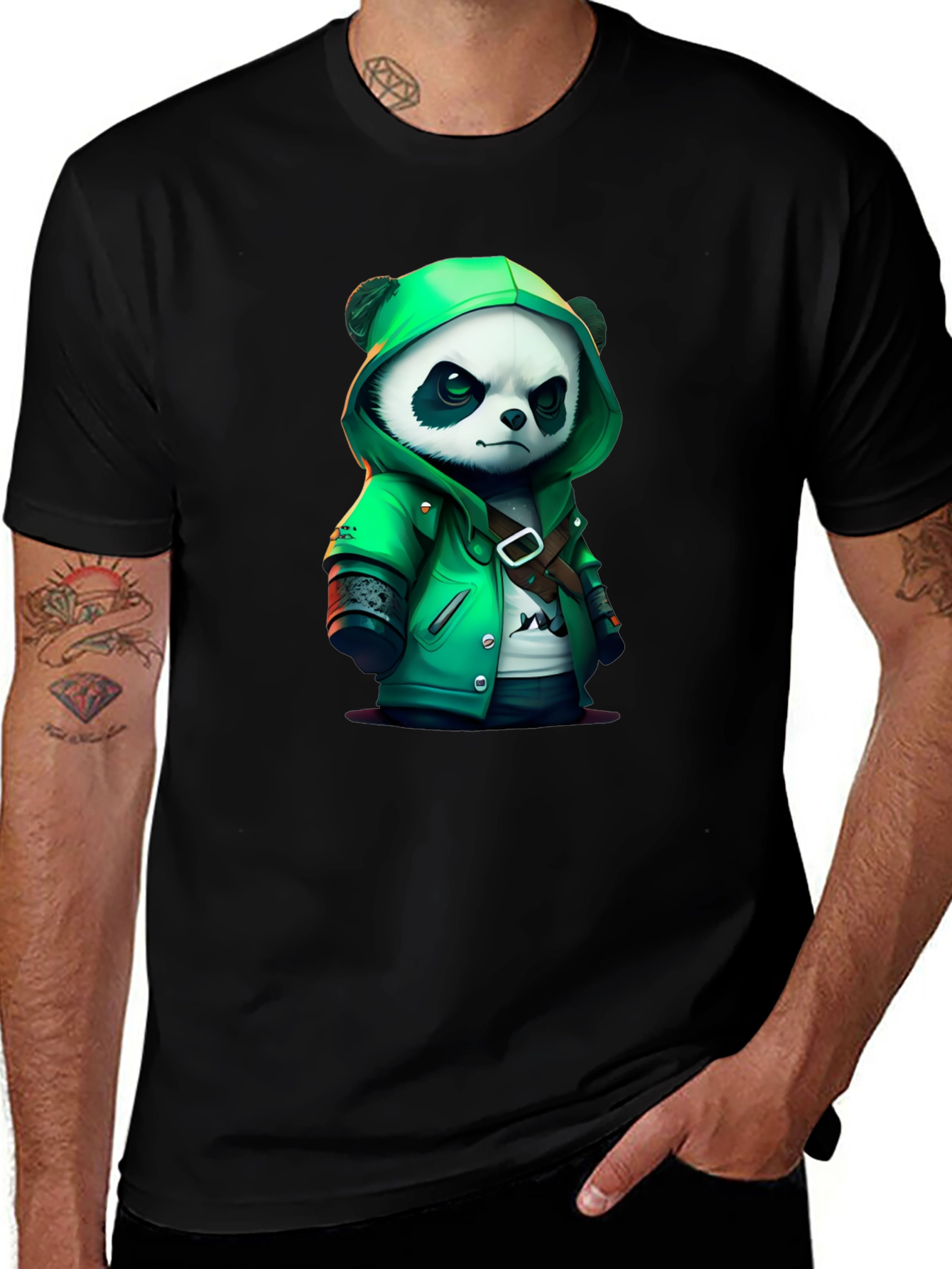 Variant 4 of Cool Panda in Hoodie Graphic Tee - Black Cotton T-Shirt