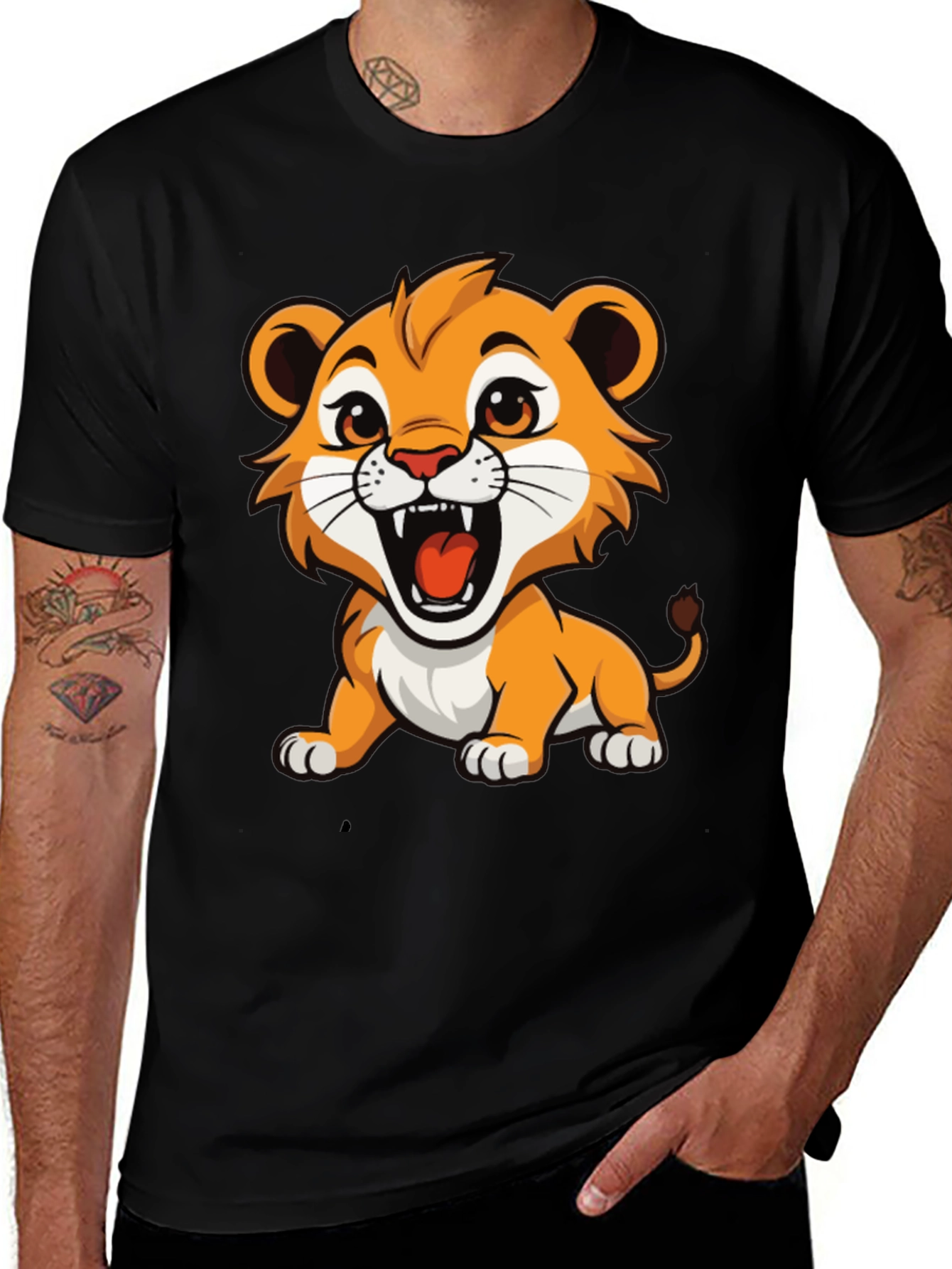Variant 29 of Cute Lion Cub Graphic Tee - Black Cotton T-Shirt