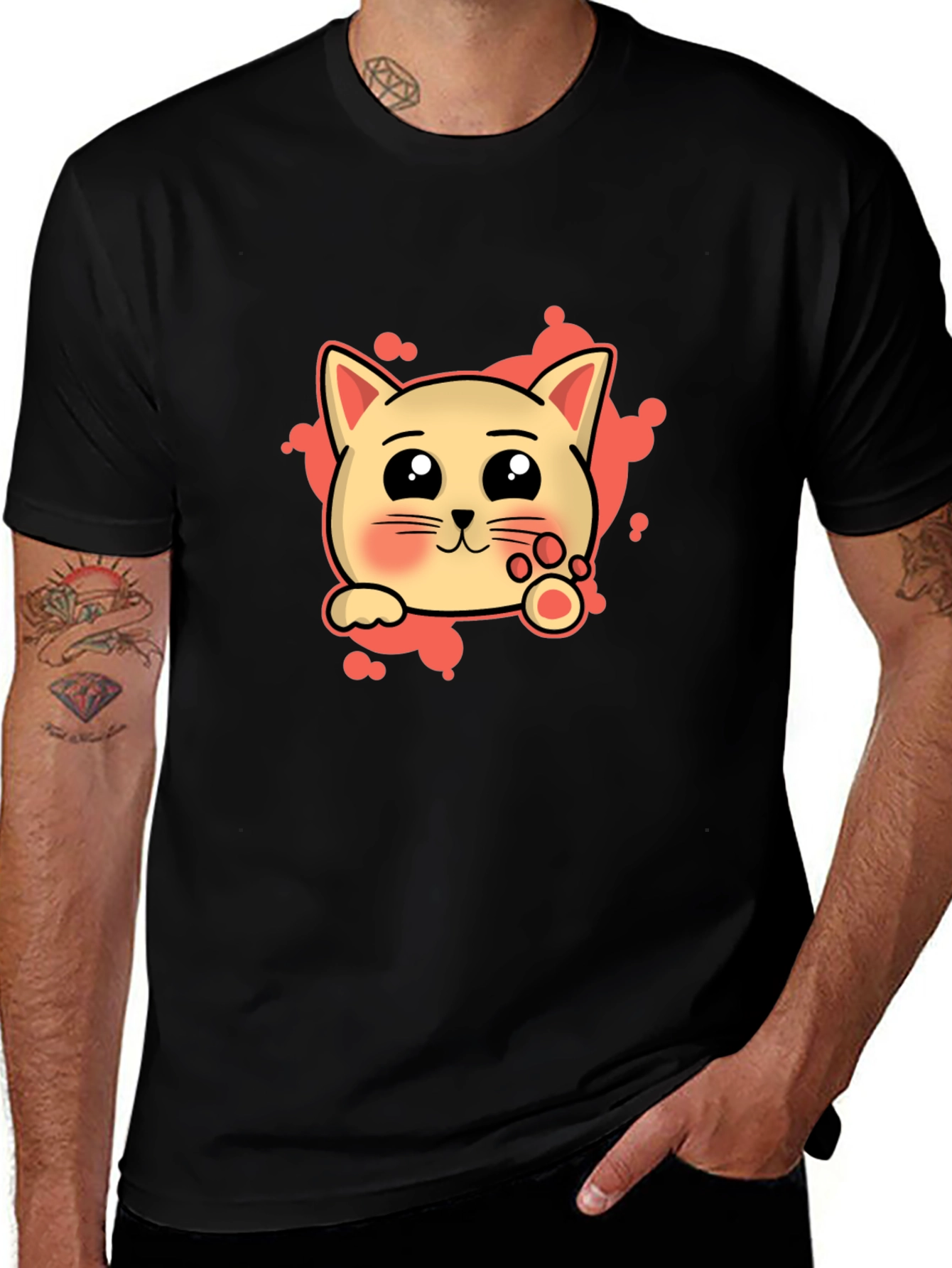 Variant 9 of Cute Cat Cartoon Graphic Tee - Black T-Shirt