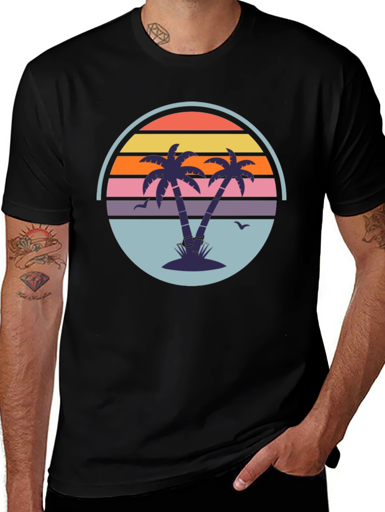 Variant 3 of Retro Sunset Palm Tree Graphic Tee - Men's Black T-Shirt