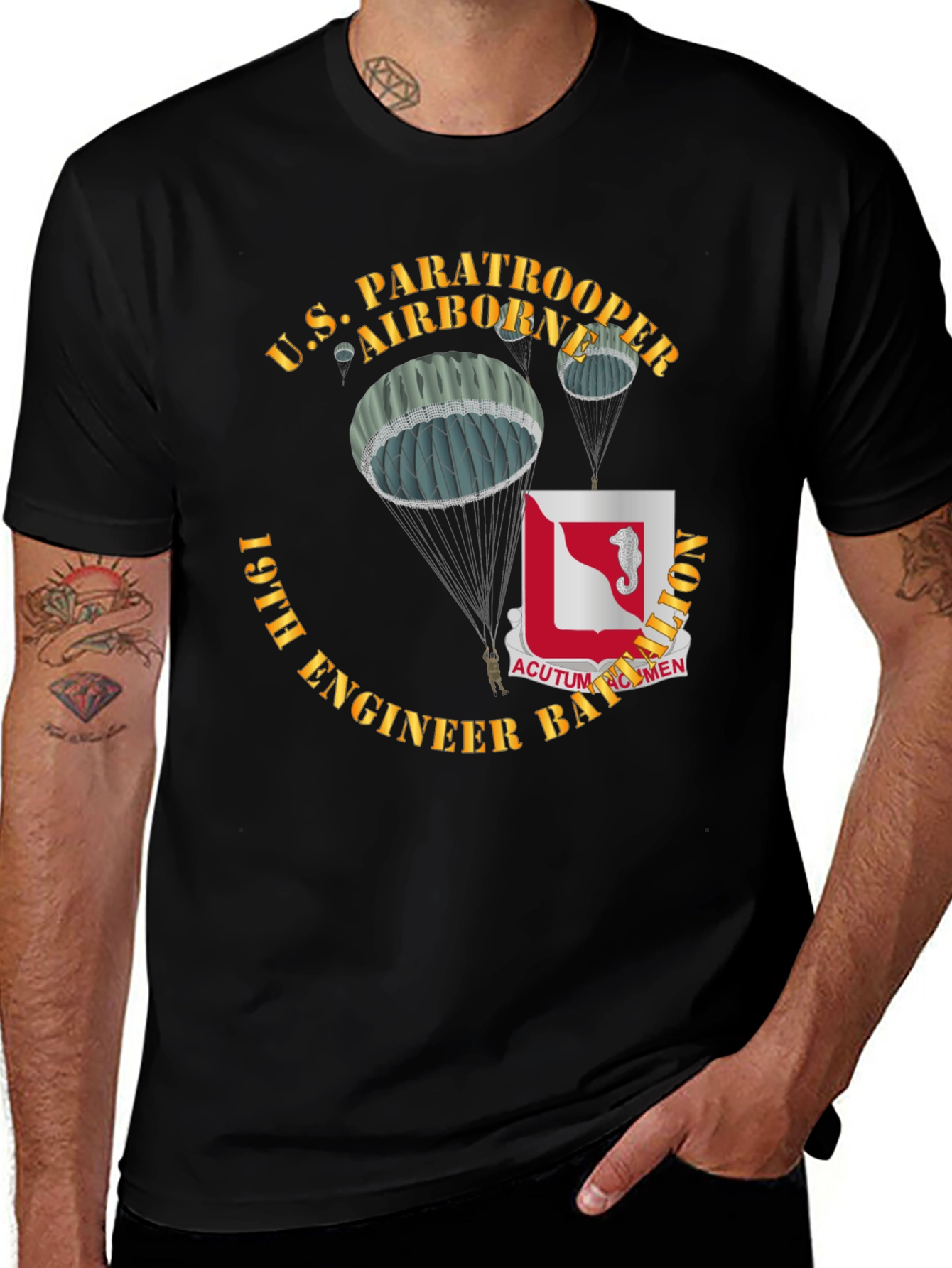 U.S. Paratrooper Airborne 19th Engineer Battalion Black T-Shirt