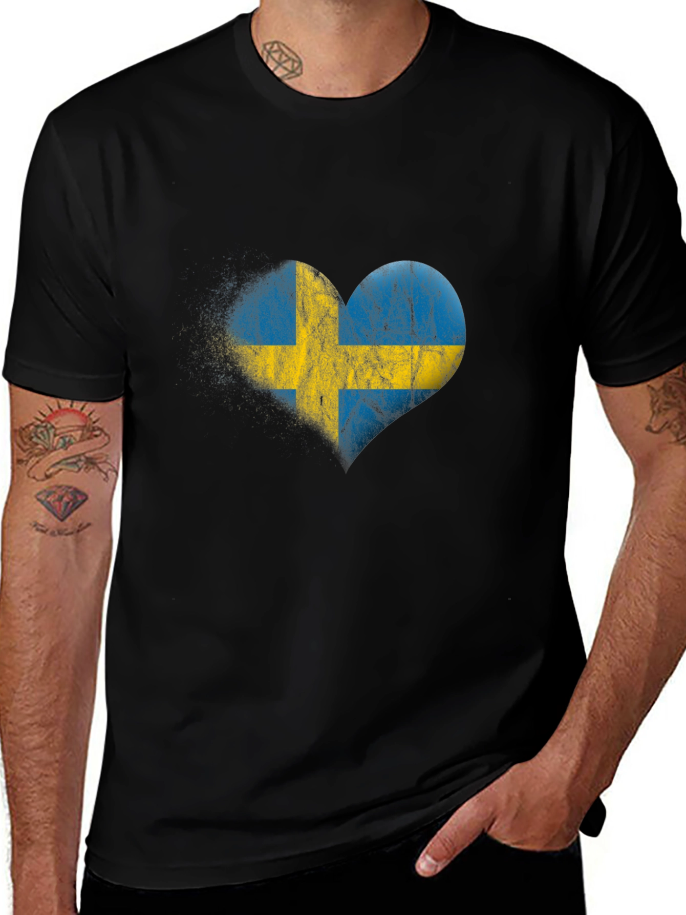 Sweden Heart Flag Graphic T-Shirt - Black