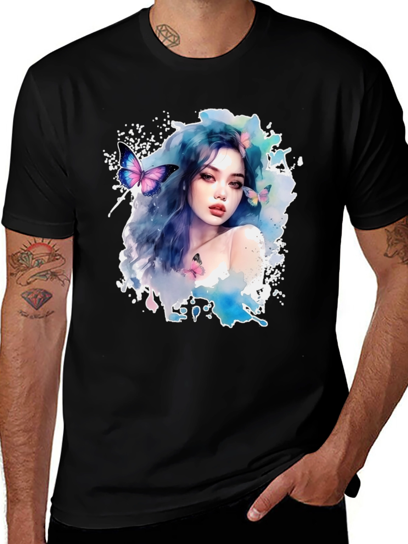 Variant 10 of Watercolor Woman Butterfly Graphic Black T-Shirt