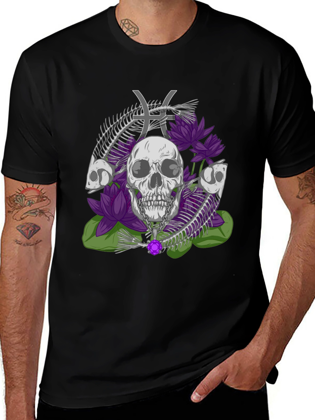 Variant 19 of Skull & Pisces Graphic Tee - Edgy Gothic Style
