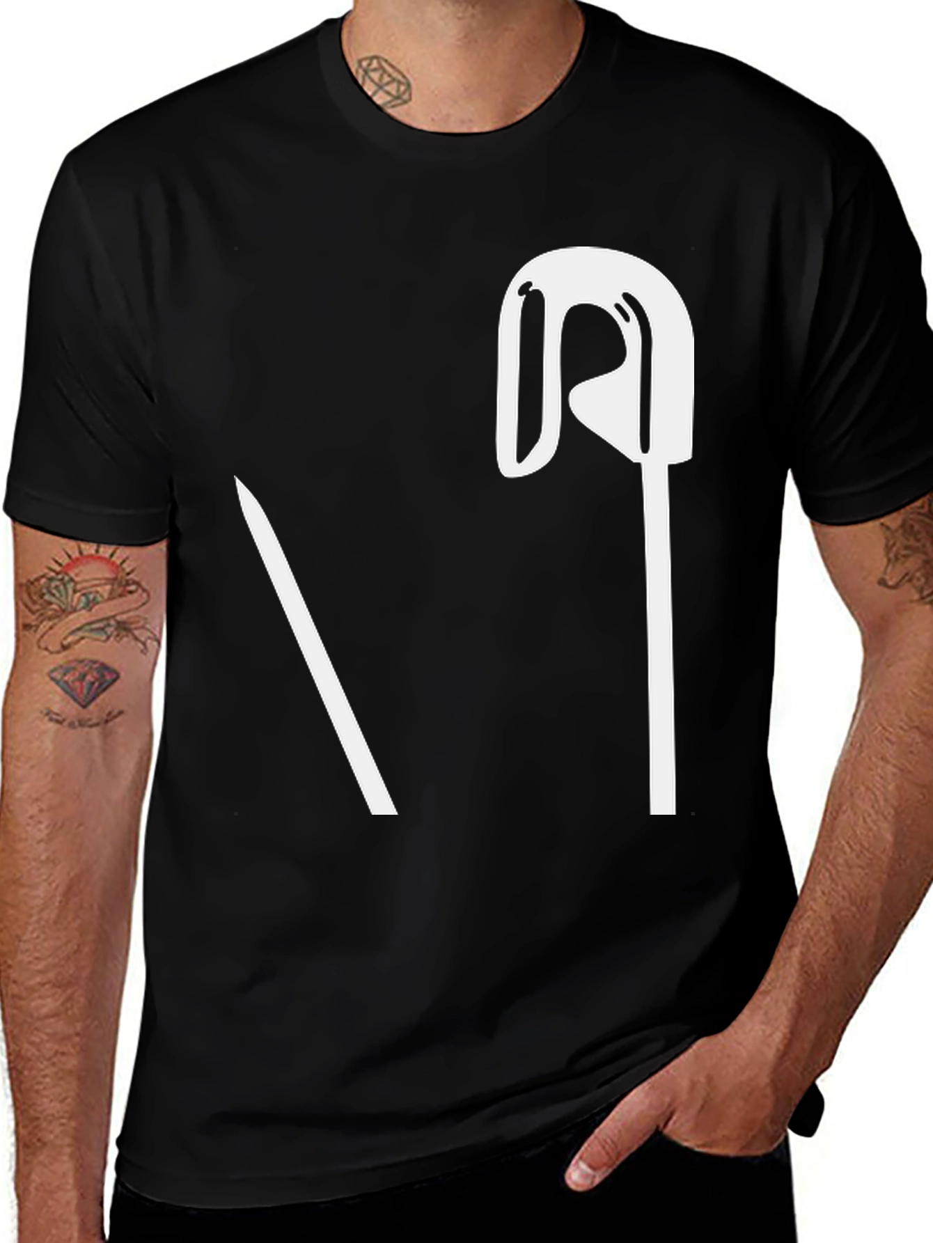 Variant 19 of Unique Safety Pin Graphic Black T-Shirt