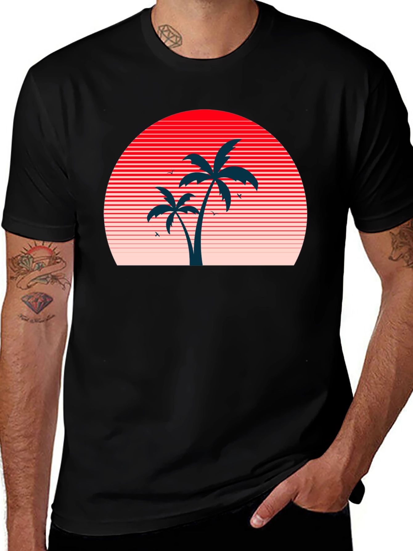 Variant 18 of Retro Sunset Palm Tree Graphic Tee - Black