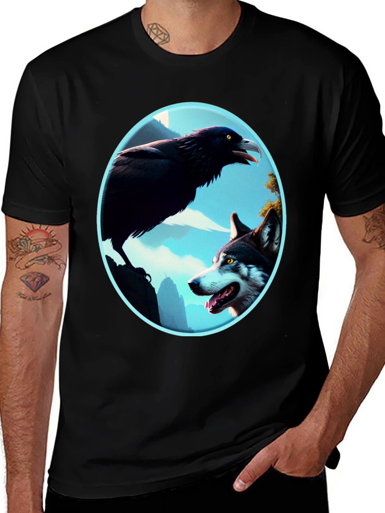 Black Raven and Wolf Graphic Tee main image