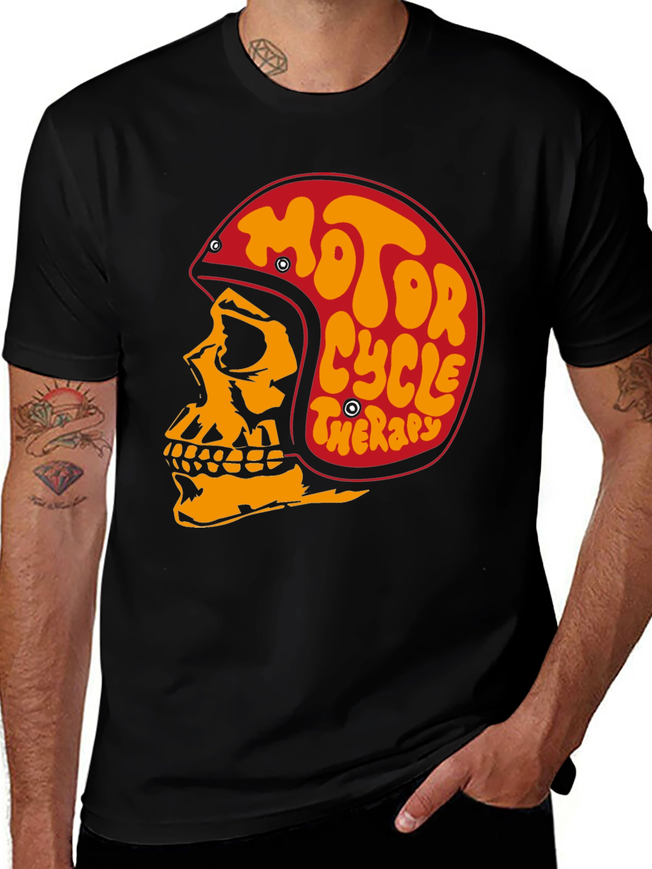 Variant 25 of Motorcycle Therapy Graphic Tee - Skull & Helmet Design