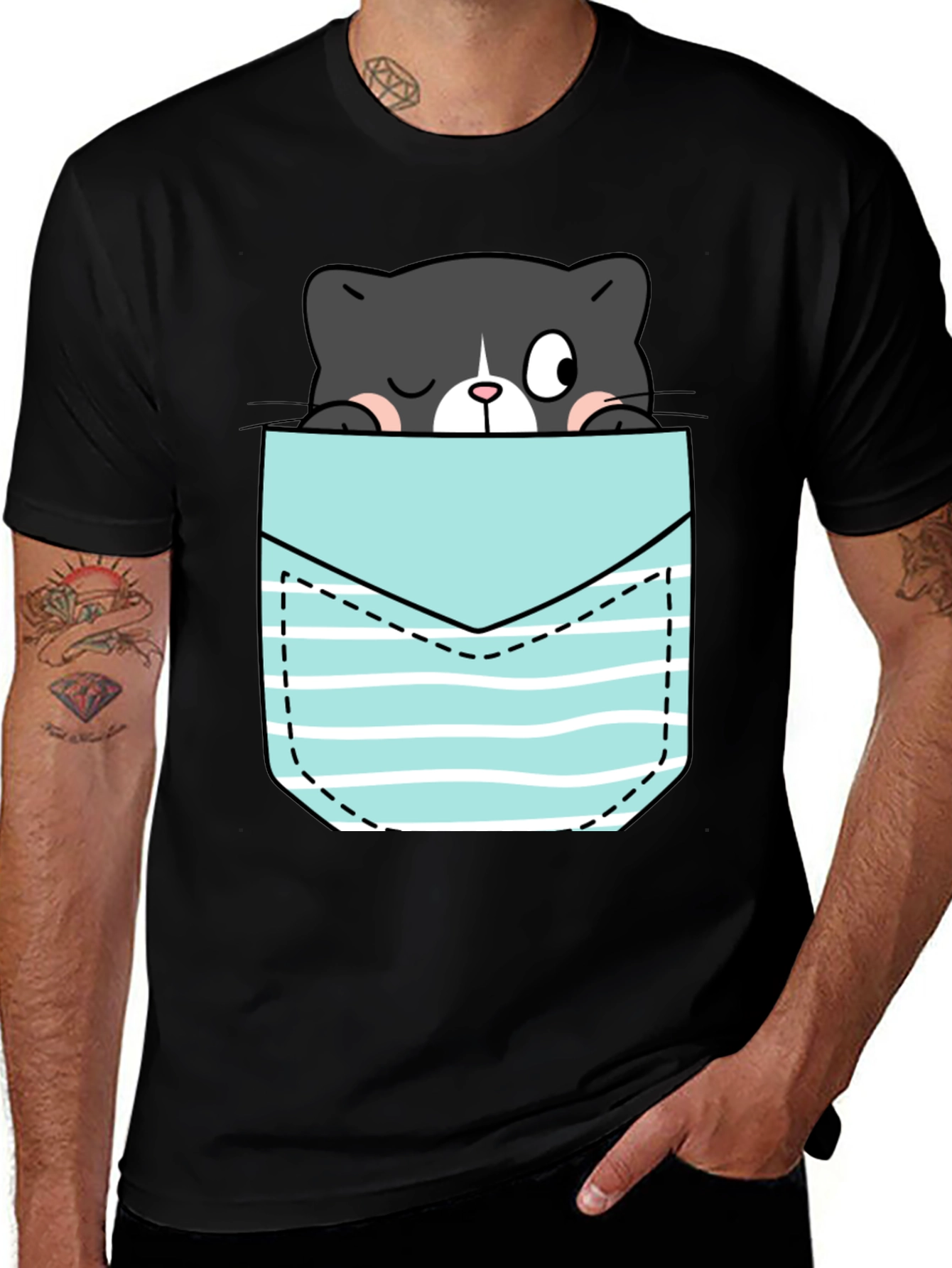Variant 13 of Black T-Shirt with Peek-a-Boo Cat Pocket Design