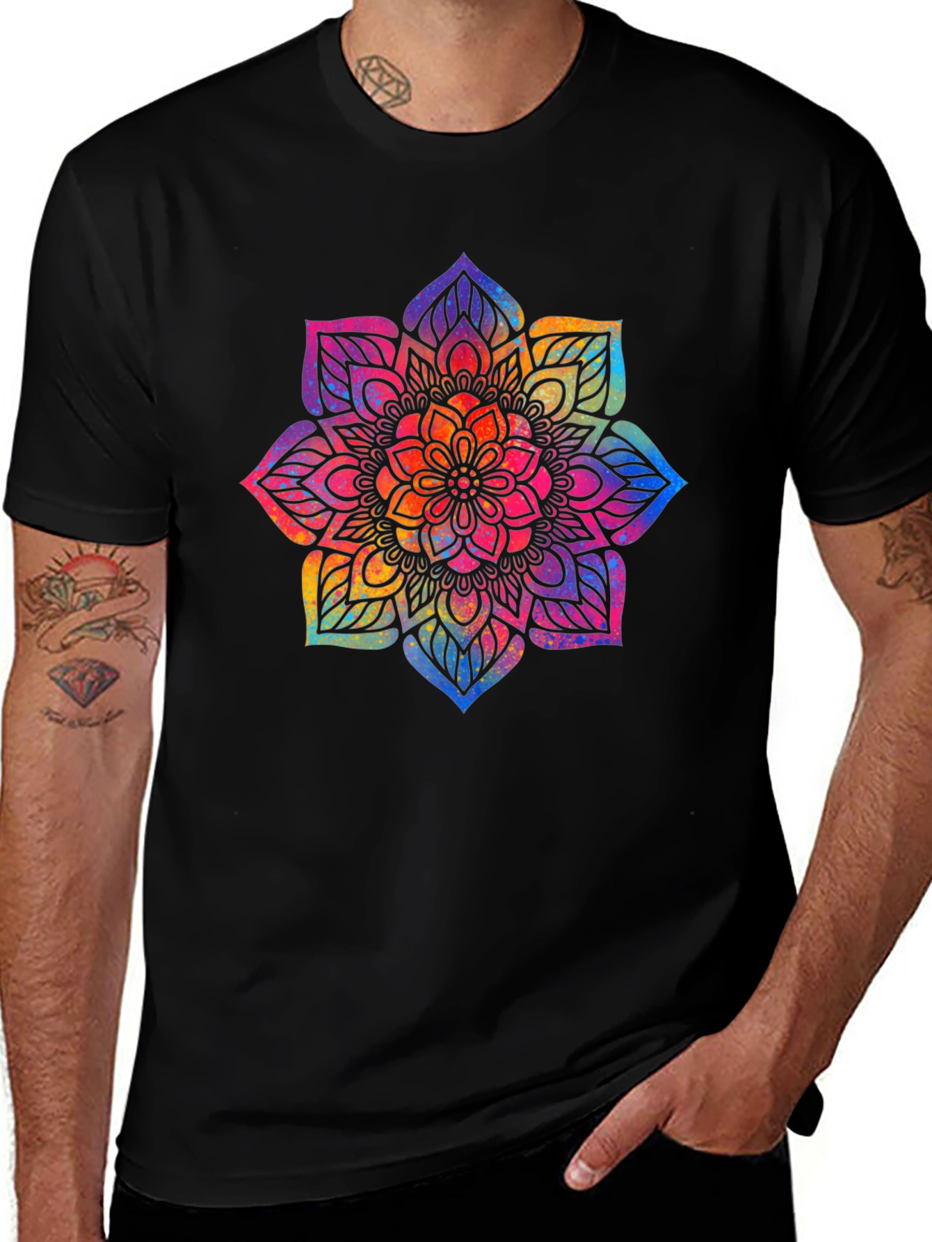 Variant 5 of Vibrant Mandala Graphic Tee - Black Cotton Comfort