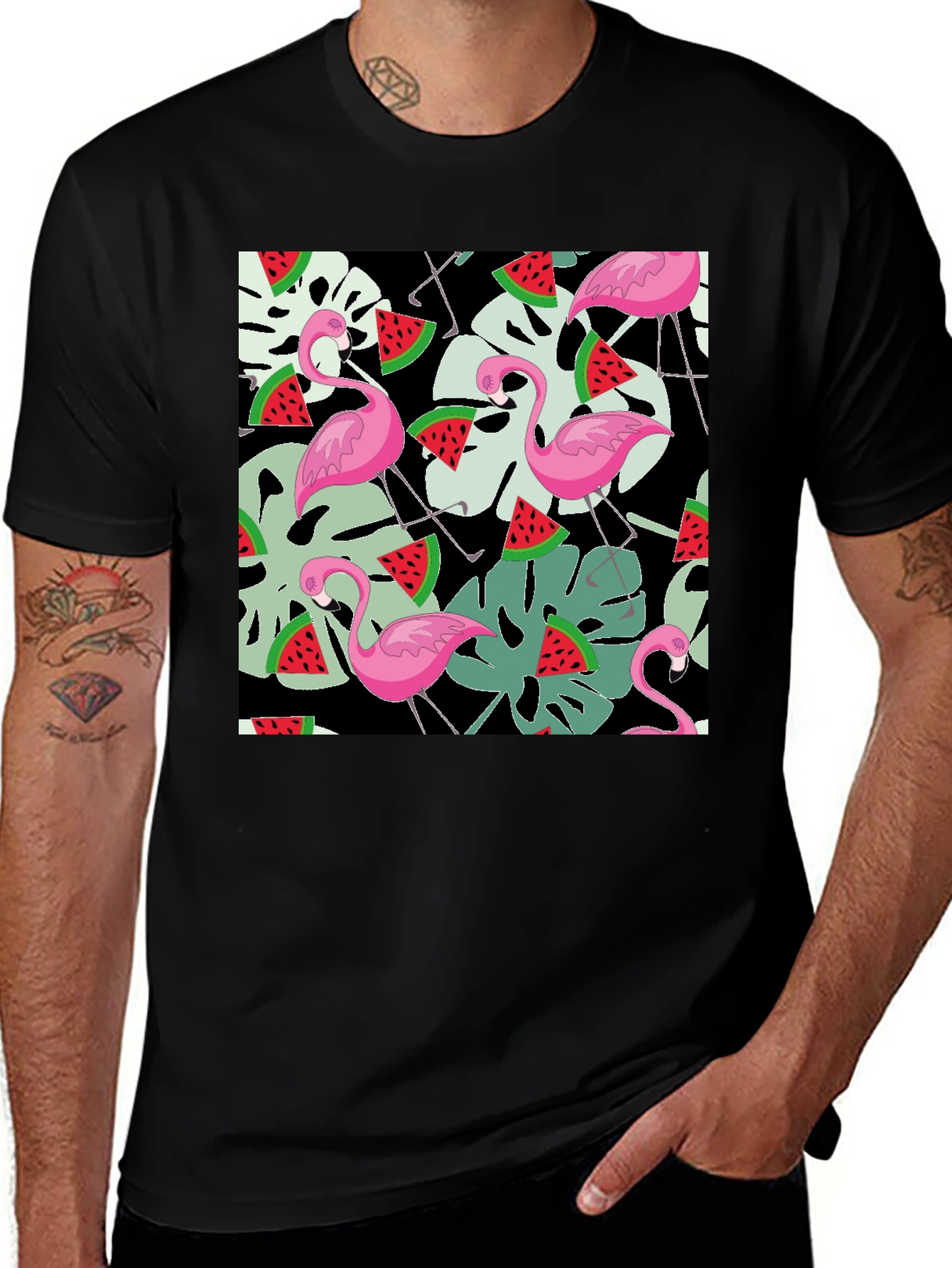 Flamingo Watermelon Print Black T-Shirt
