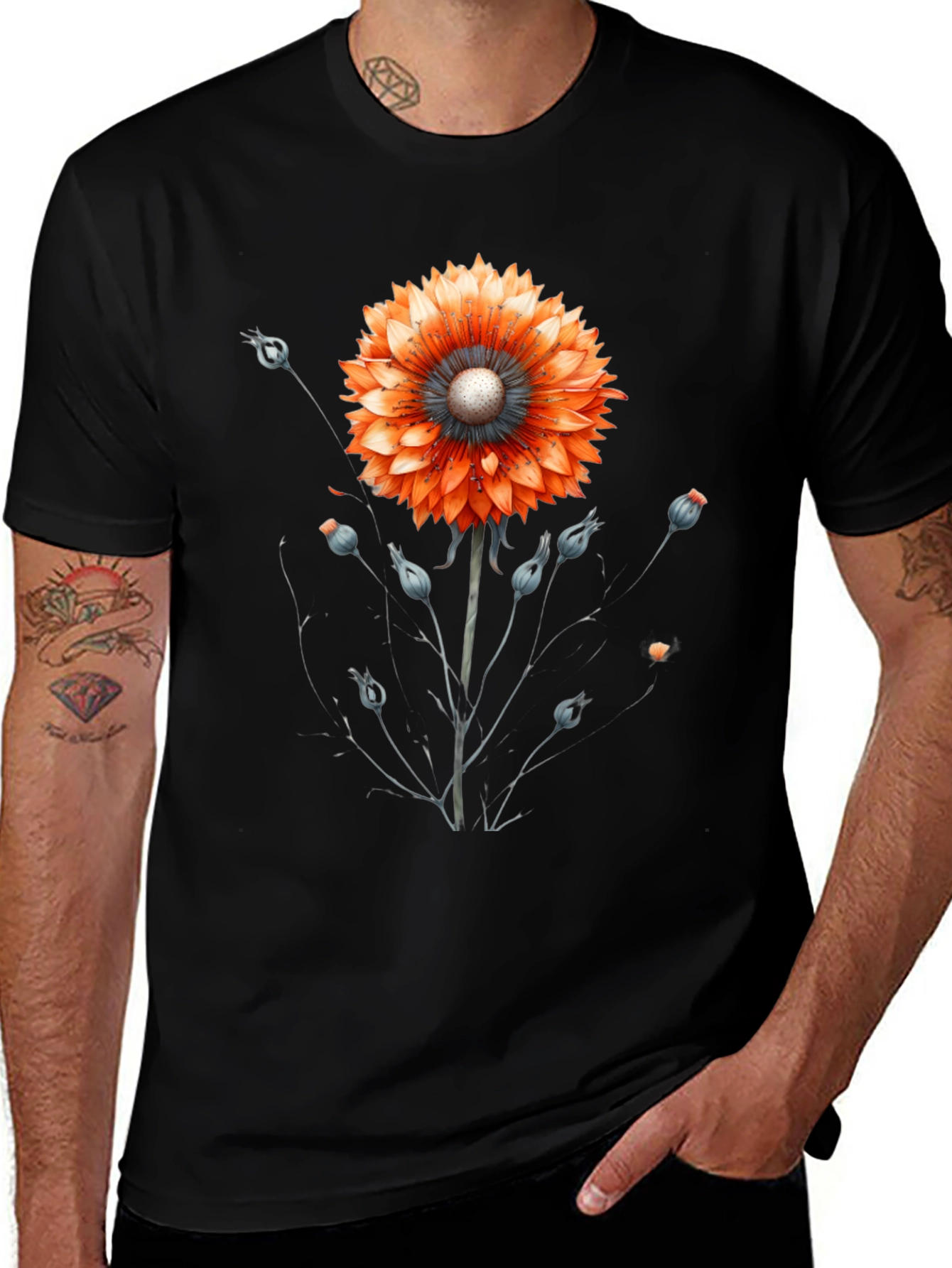 Black Floral Graphic Tee - Orange Bloom on Black main image