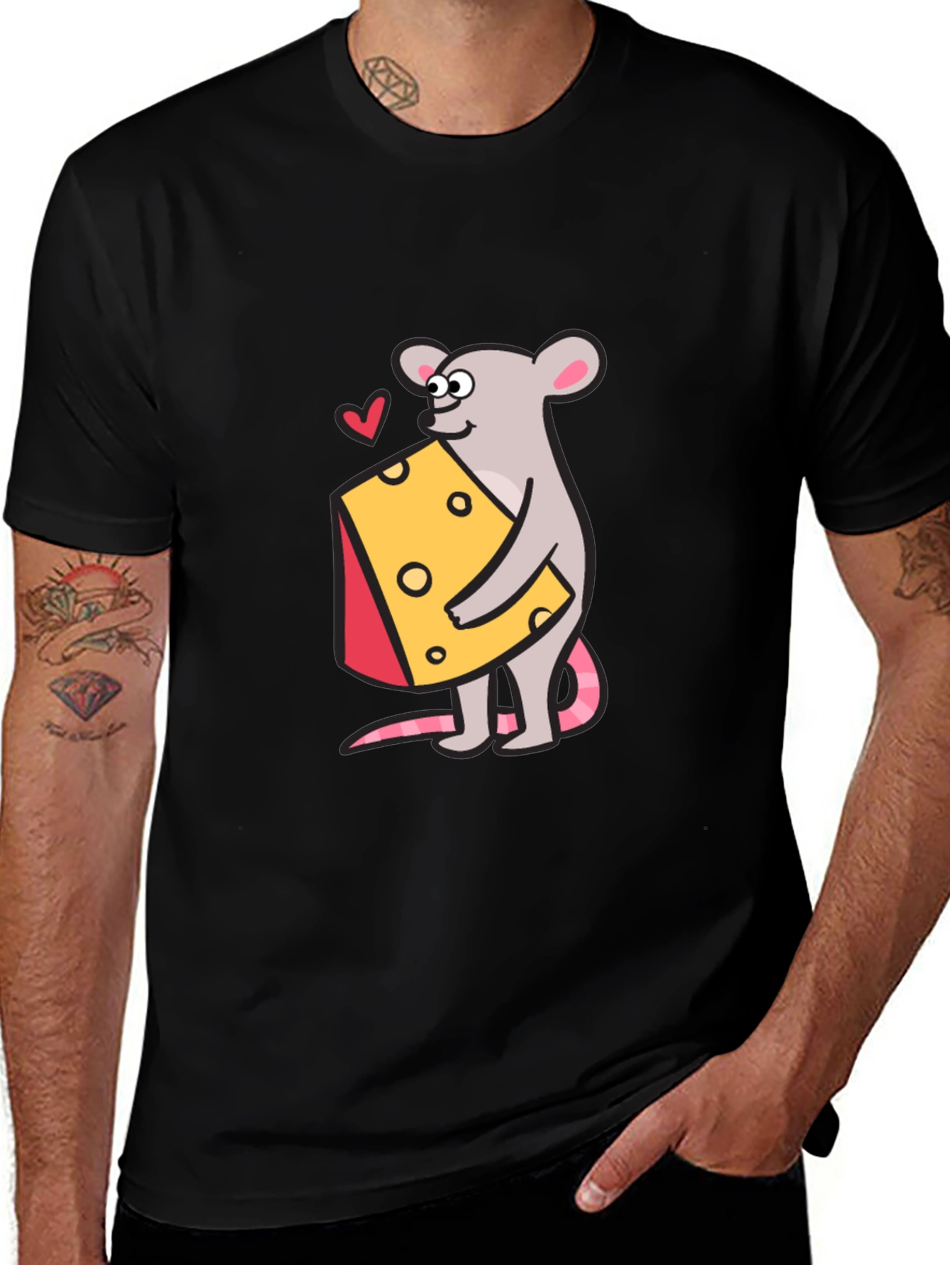 Variant 15 of Cute Mouse & Cheese Graphic Tee - Black Cotton T-Shirt