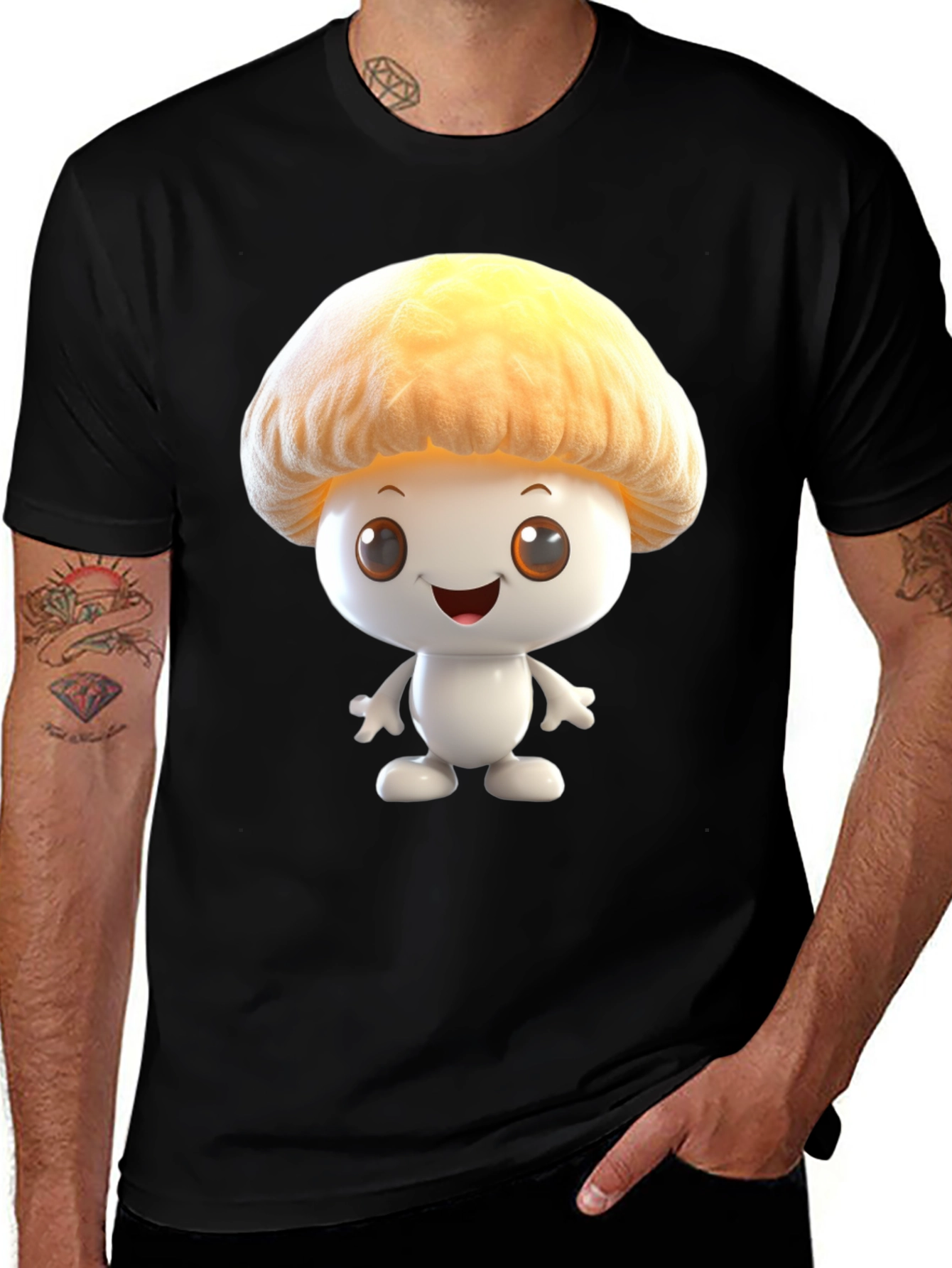 Variant 23 of Mushroom Cartoon Graphic Tee - Black Cotton Blend Shirt