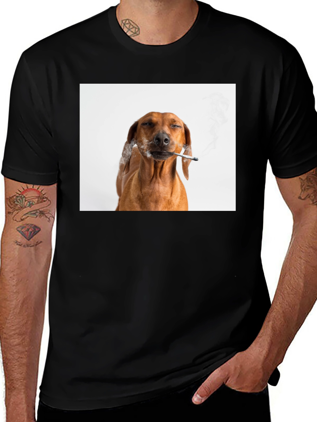 Variant 6 of Smoking Dog T-Shirt - Unisex Black Tee