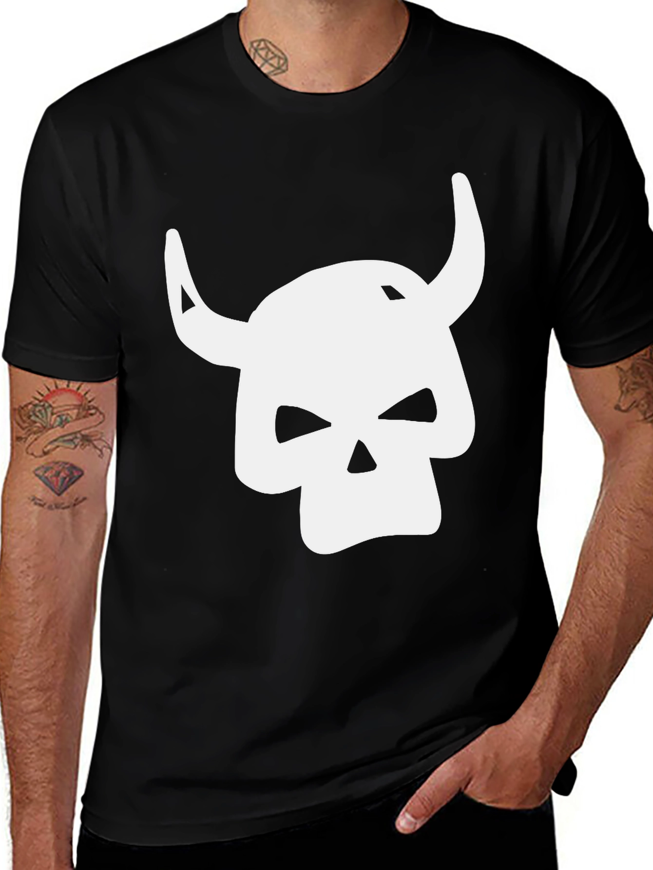 Variant 27 of Skull with Horns Graphic Tee - Black Cotton Casual Shirt